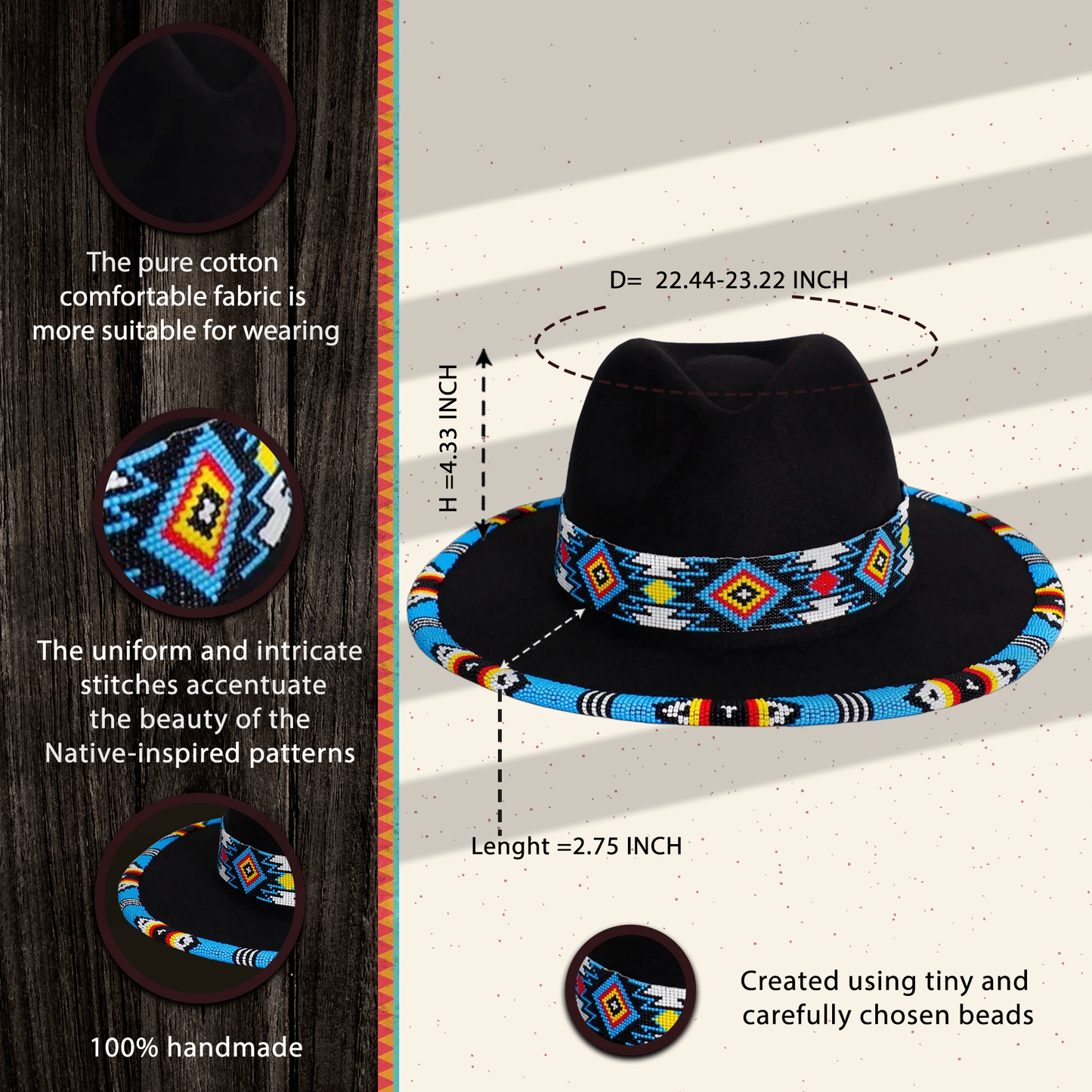 Payette Pattern Fedora Hatband For Men Women Beaded Brim With Native American Style