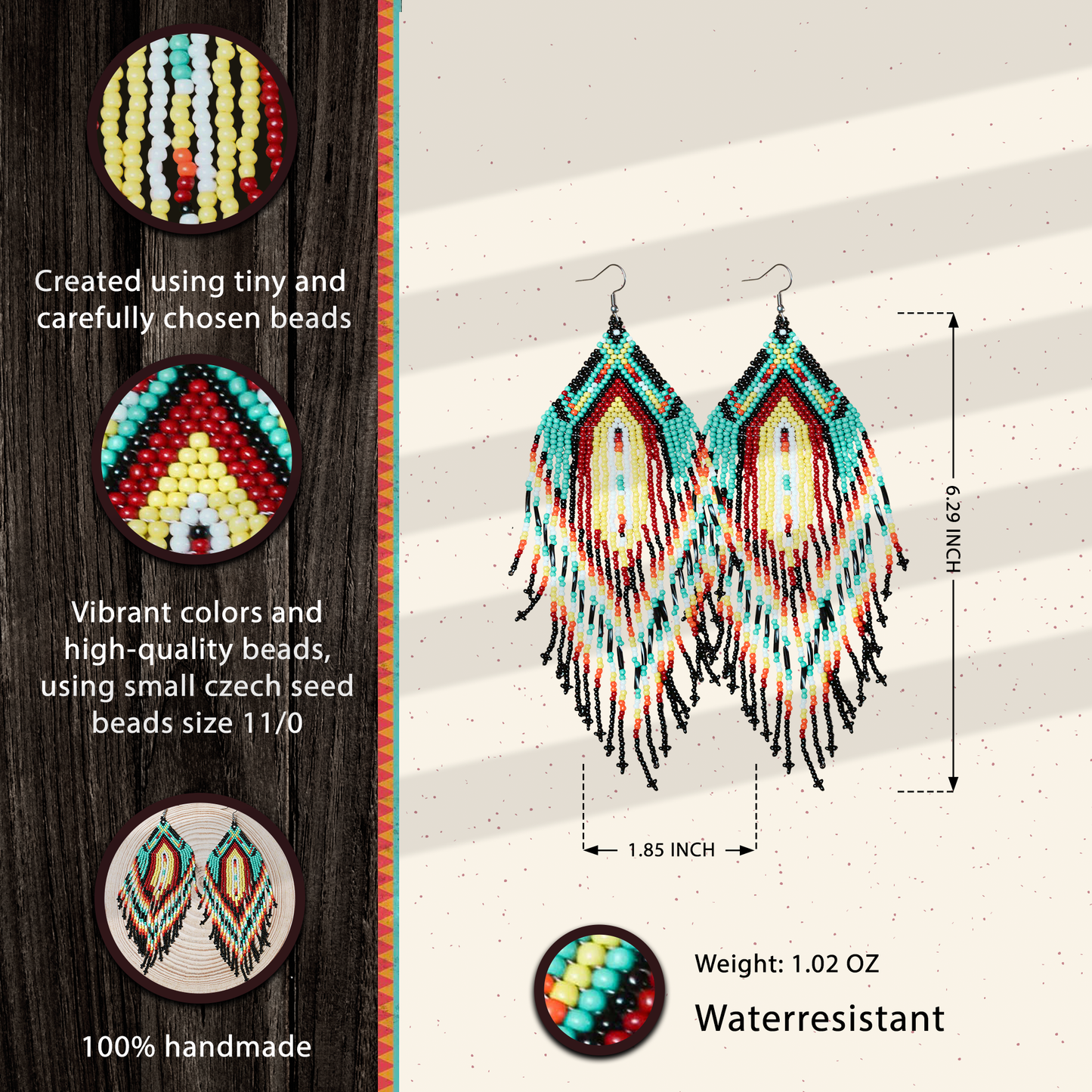 Sacred Feather Beaded Earrings – Vibrant Red, Green, and Yellow with Black Tassels