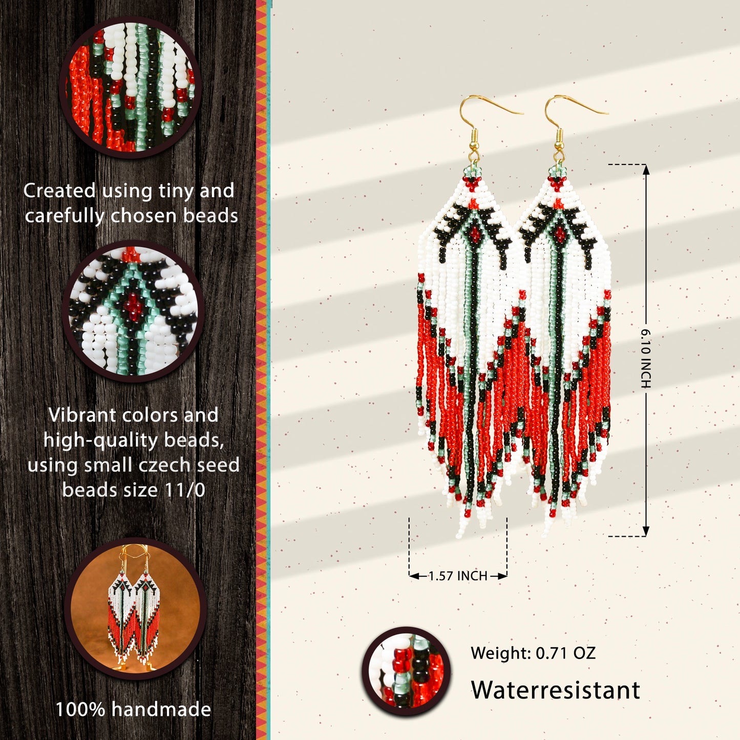 Handmade Native Beaded Tassel Earrings – Red, White, and Green