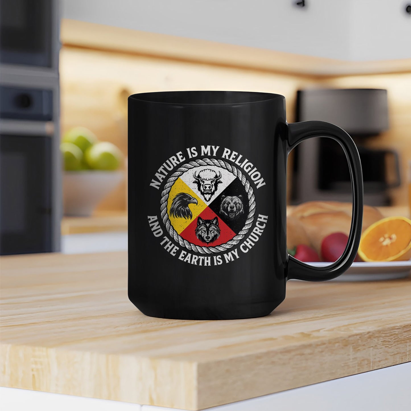 Nature Is My Religion, The Earth Is My Church - Four Animals Medicine Wheel Ceramic Coffee Mug