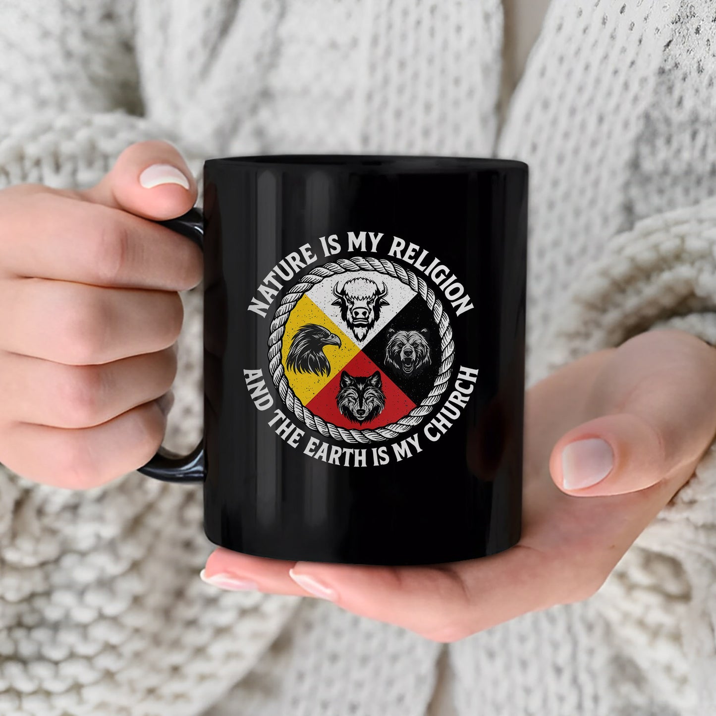 Nature Is My Religion, The Earth Is My Church - Four Animals Medicine Wheel Ceramic Coffee Mug