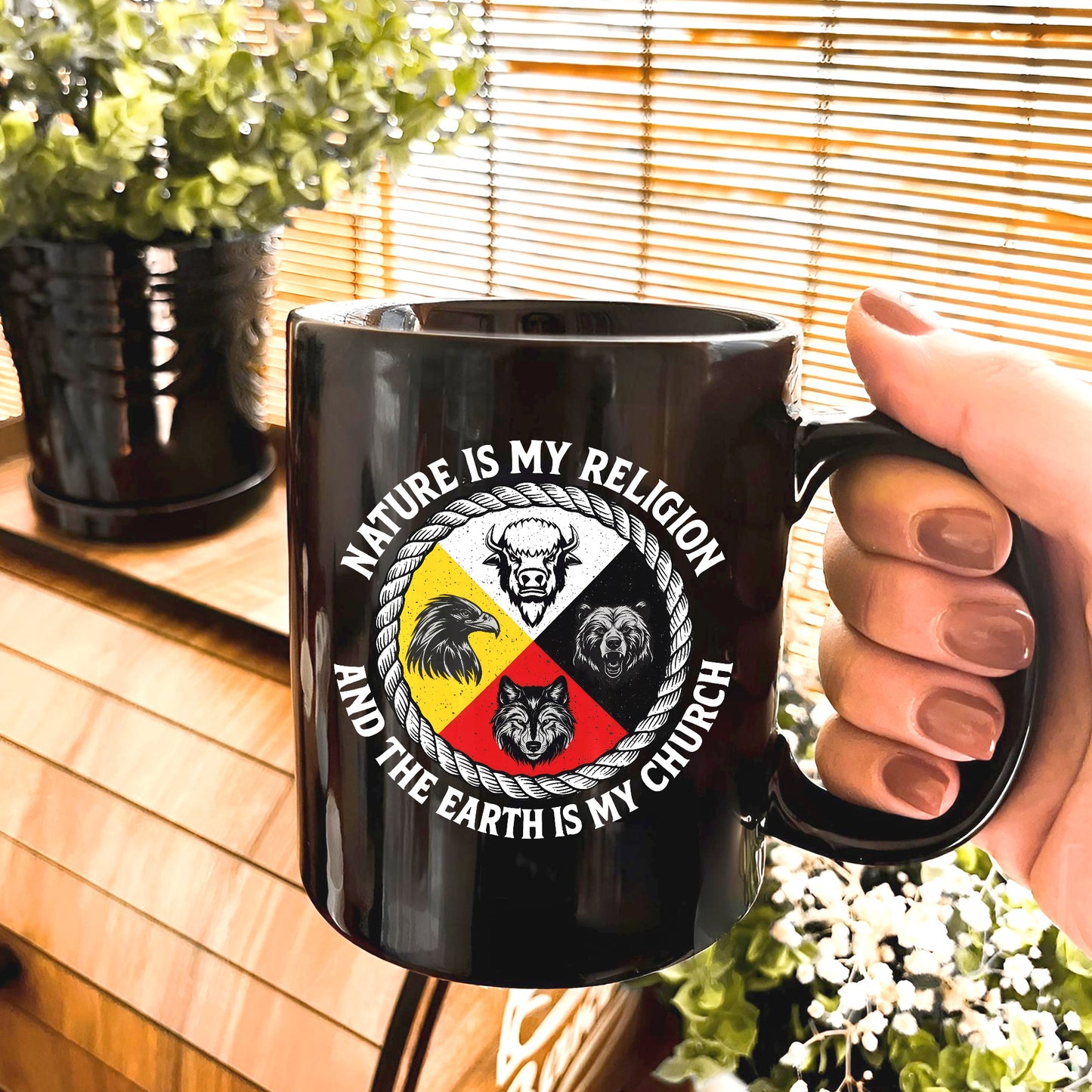 Nature Is My Religion, The Earth Is My Church - Four Animals Medicine Wheel Ceramic Coffee Mug