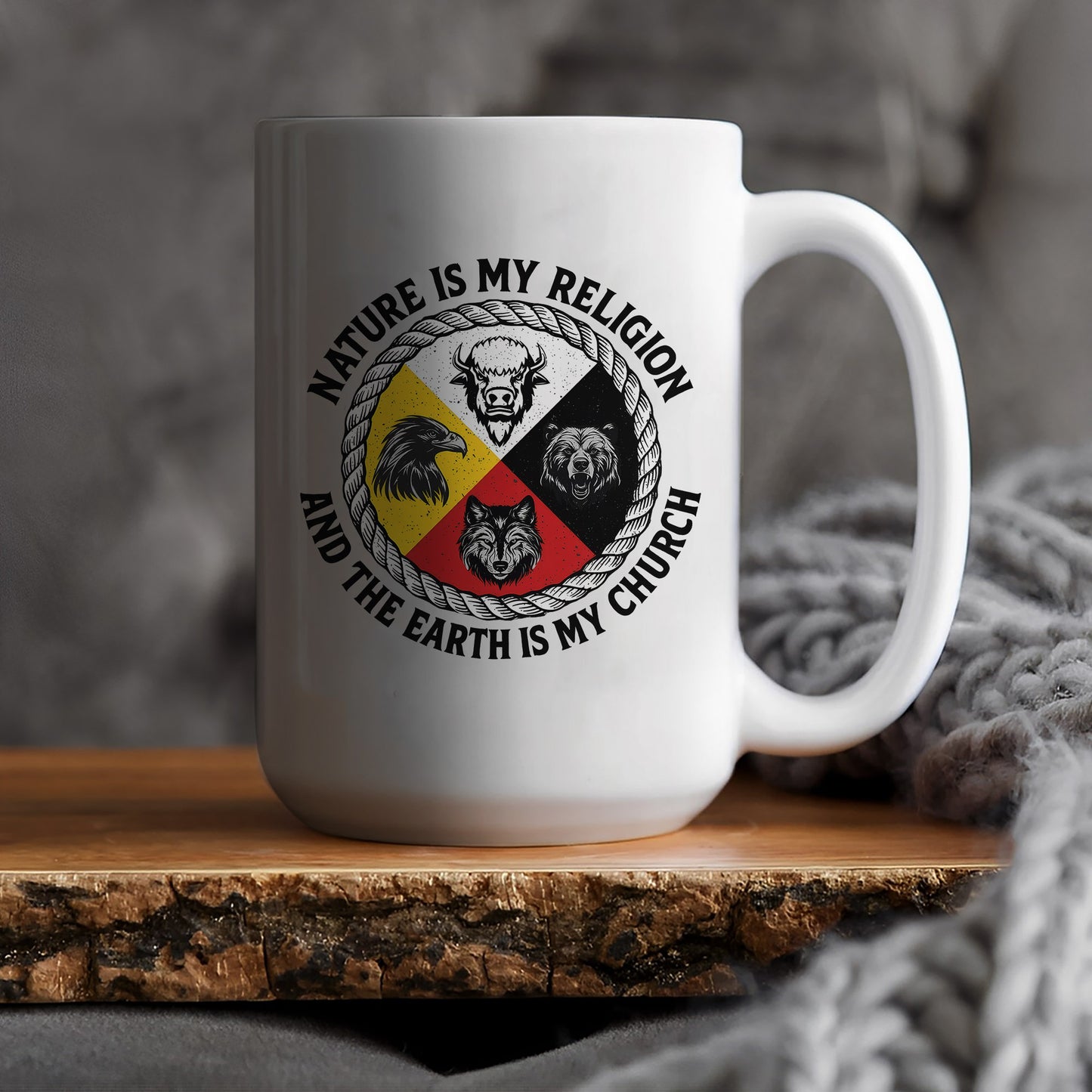 Nature Is My Religion, The Earth Is My Church - Four Animals Medicine Wheel Ceramic Coffee Mug