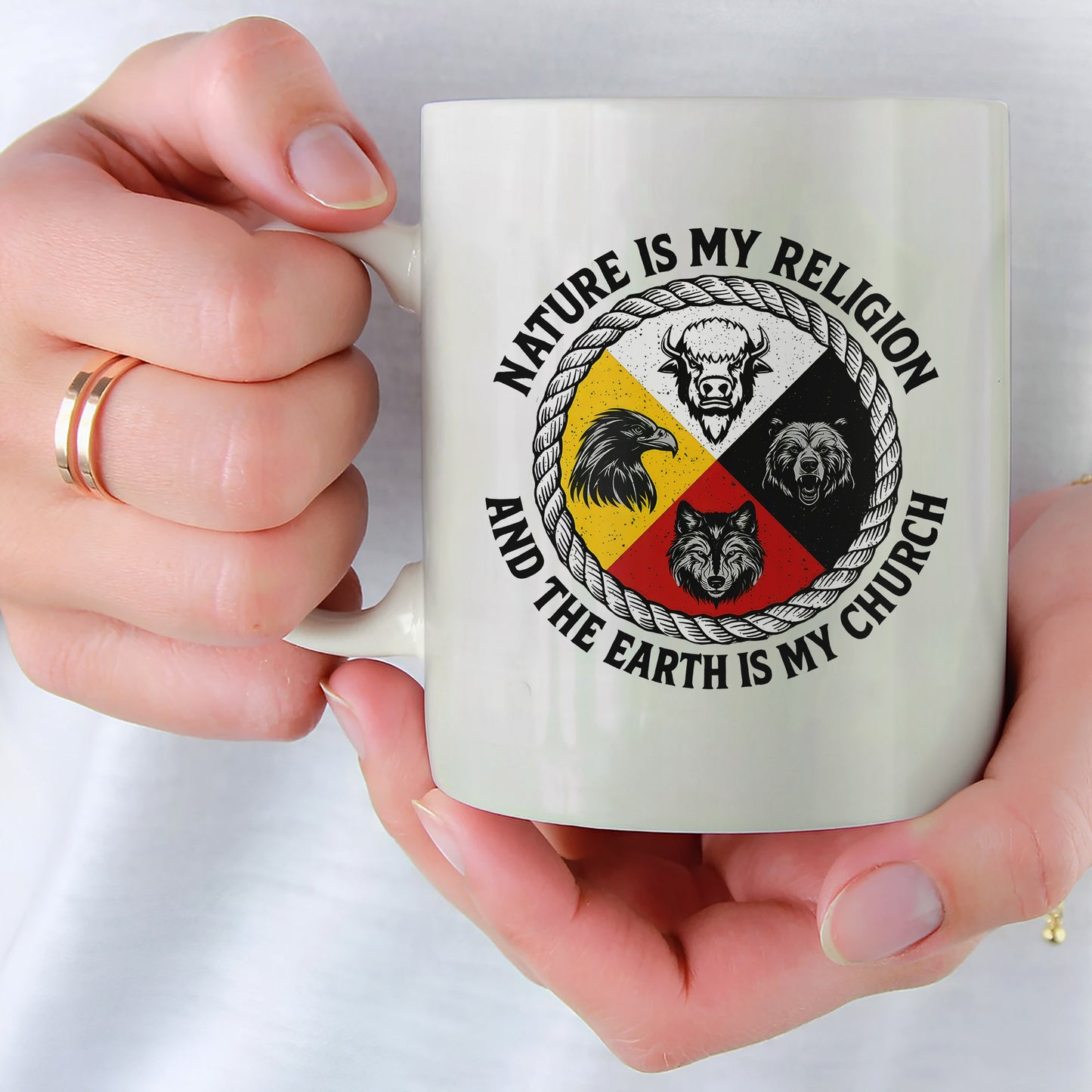 Nature Is My Religion, The Earth Is My Church - Four Animals Medicine Wheel Ceramic Coffee Mug