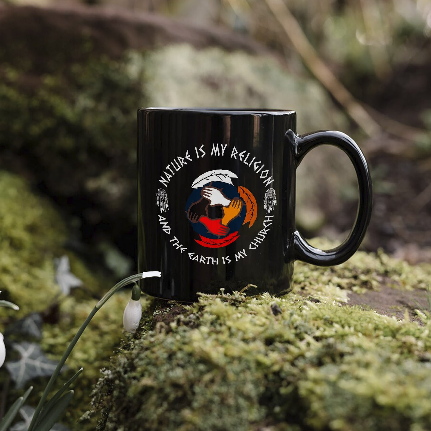 Nature Is My Religion, The Earth Is My Church - Unity Hands & Feathers Ceramic Coffee Mug