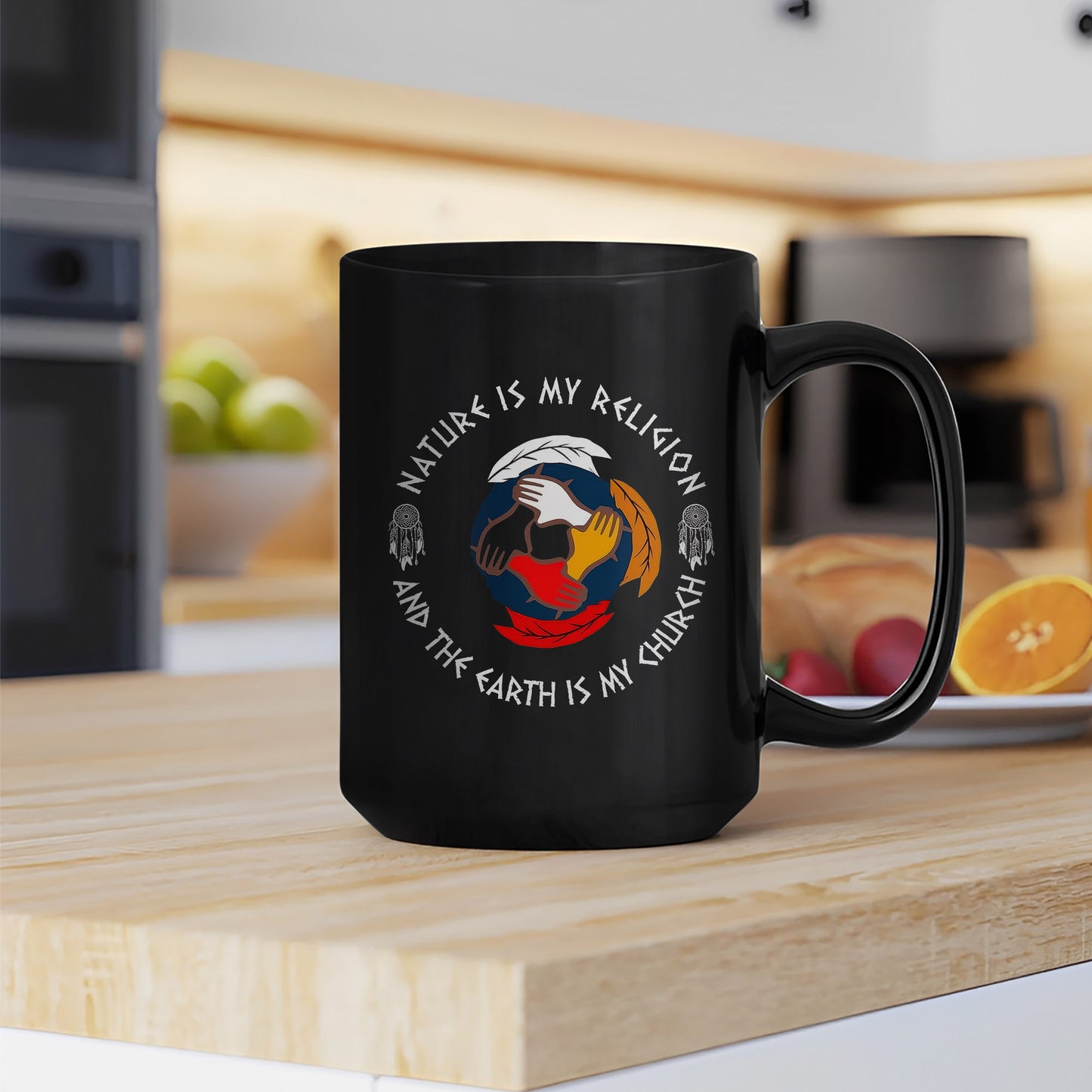 Nature Is My Religion, The Earth Is My Church - Unity Hands & Feathers Ceramic Coffee Mug