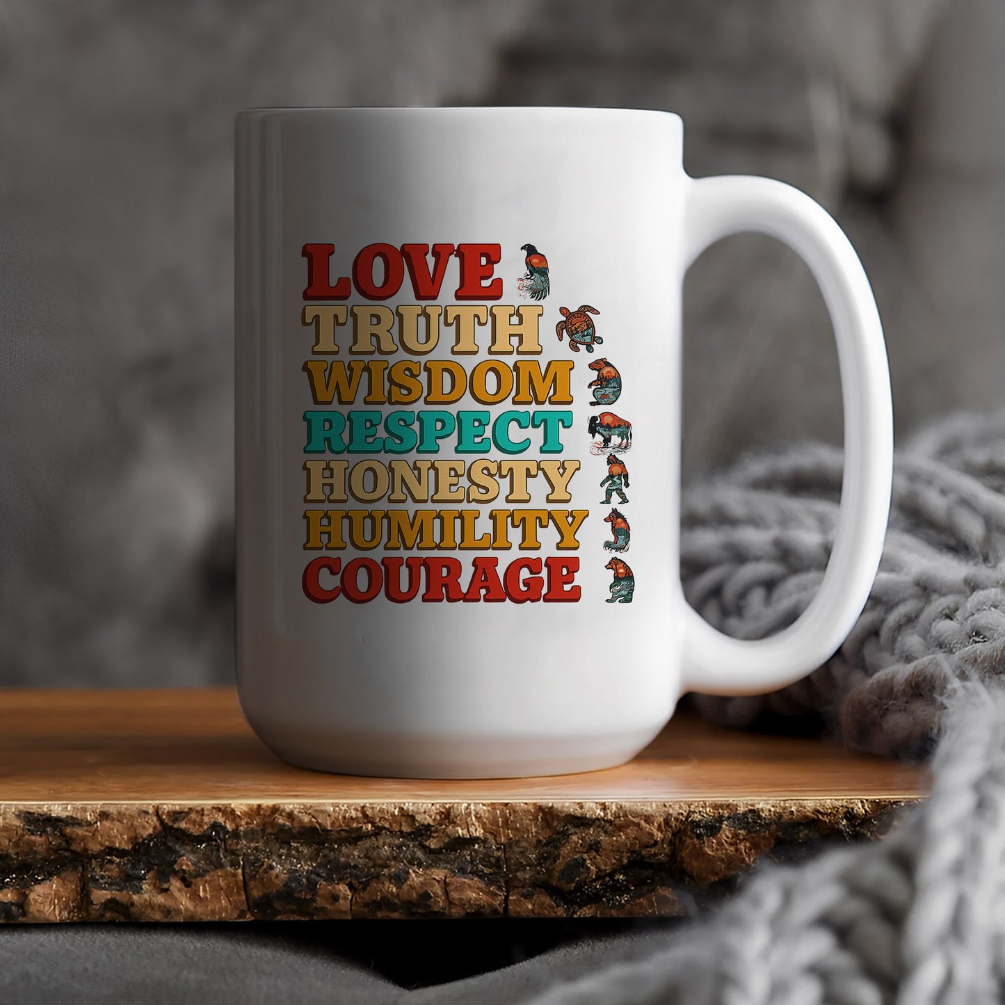 Seven Grandfather Teachings - Values Typography Ceramic Coffee Mug