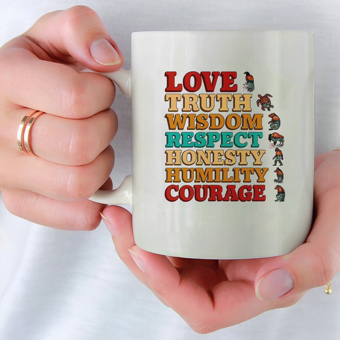 Seven Grandfather Teachings - Values Typography Ceramic Coffee Mug
