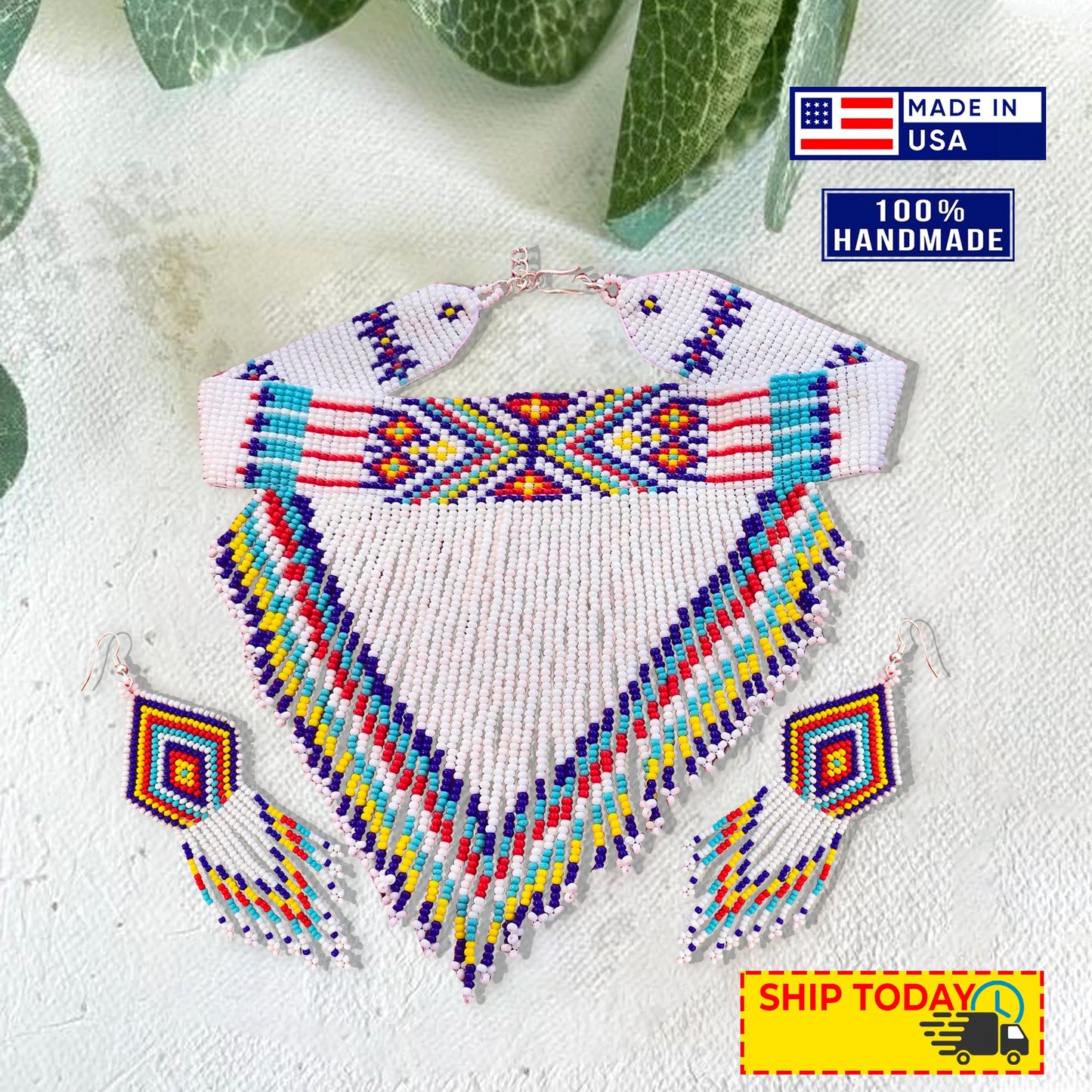 Handmade Beaded White Necklace Earrings Set