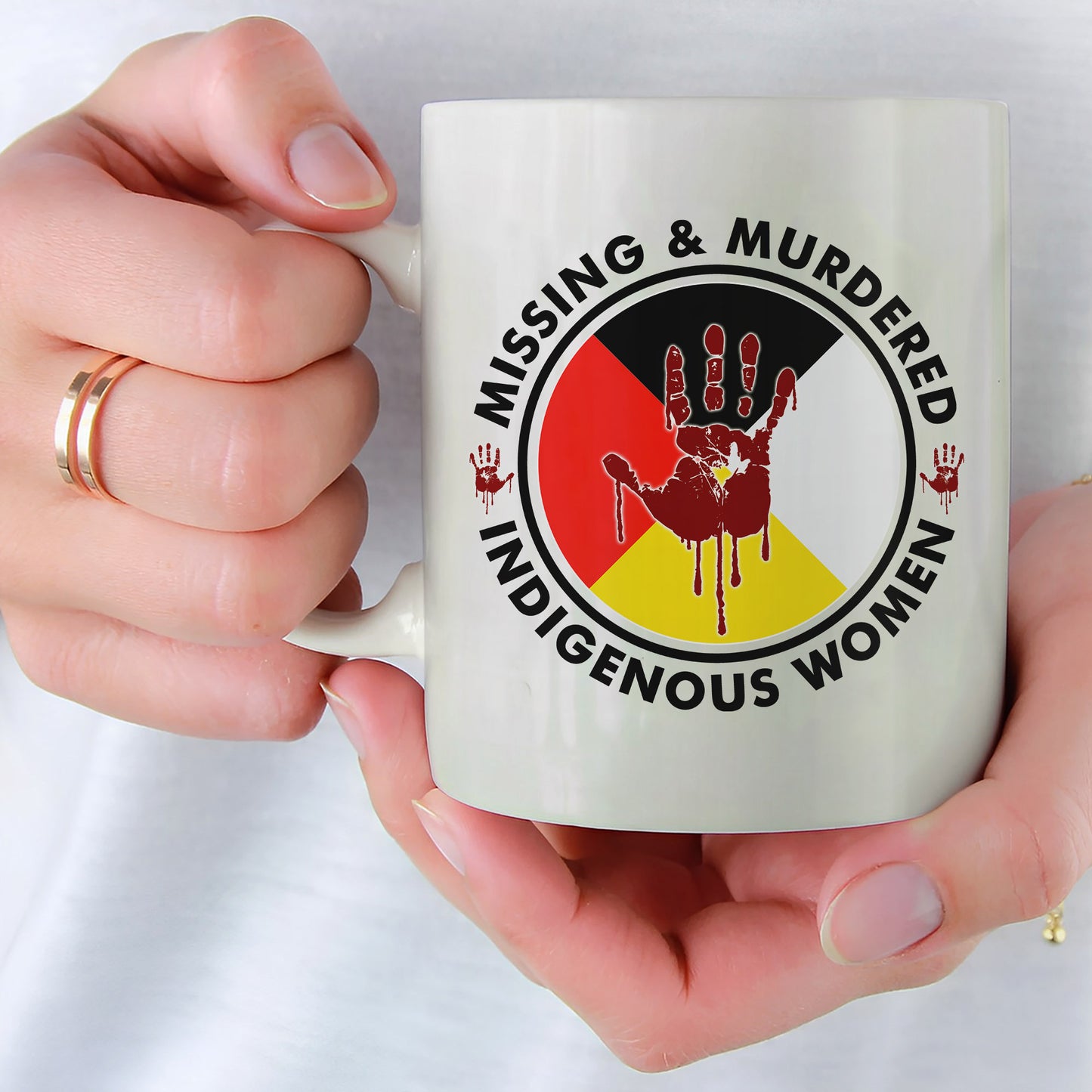 MMIW Missing and Murdered Indigenous Women Red Hand Circle Ceramic Coffee Mug