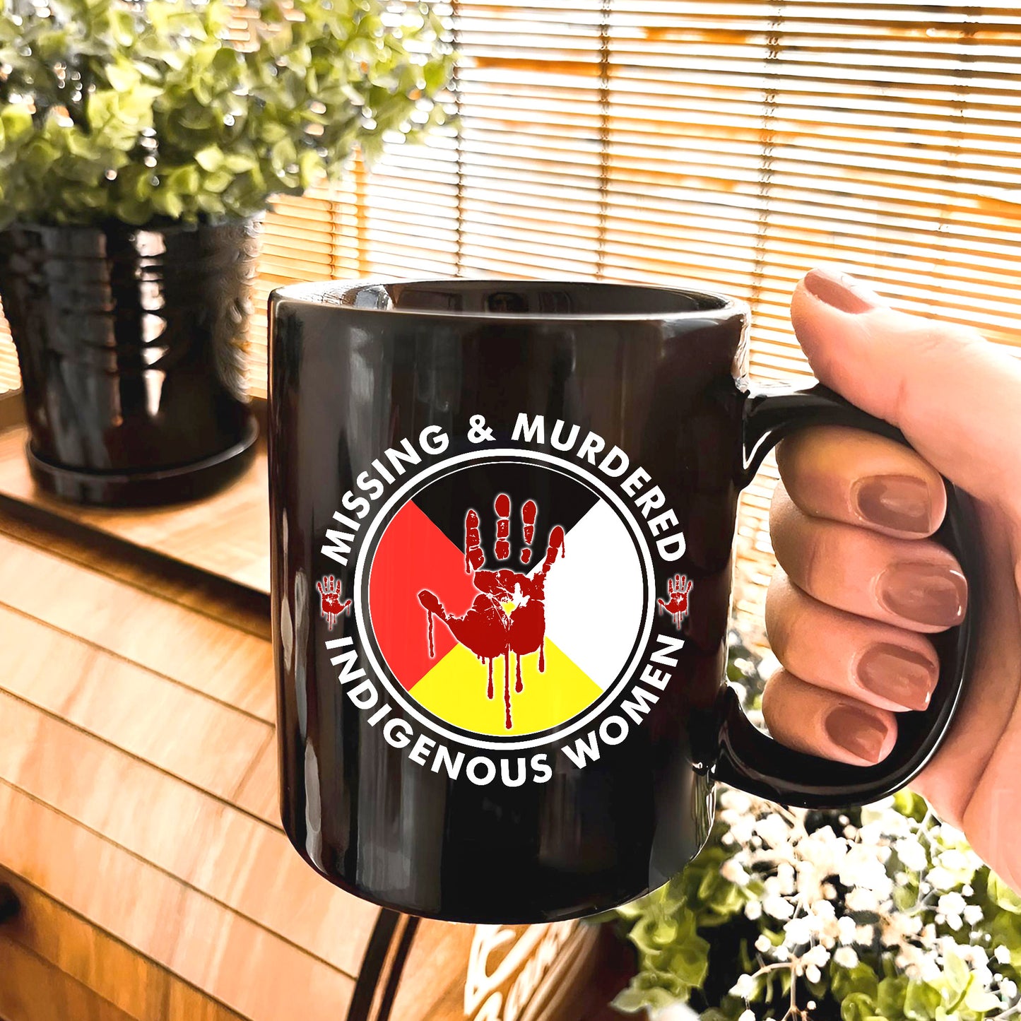 MMIW Missing and Murdered Indigenous Women Red Hand Circle Ceramic Coffee Mug