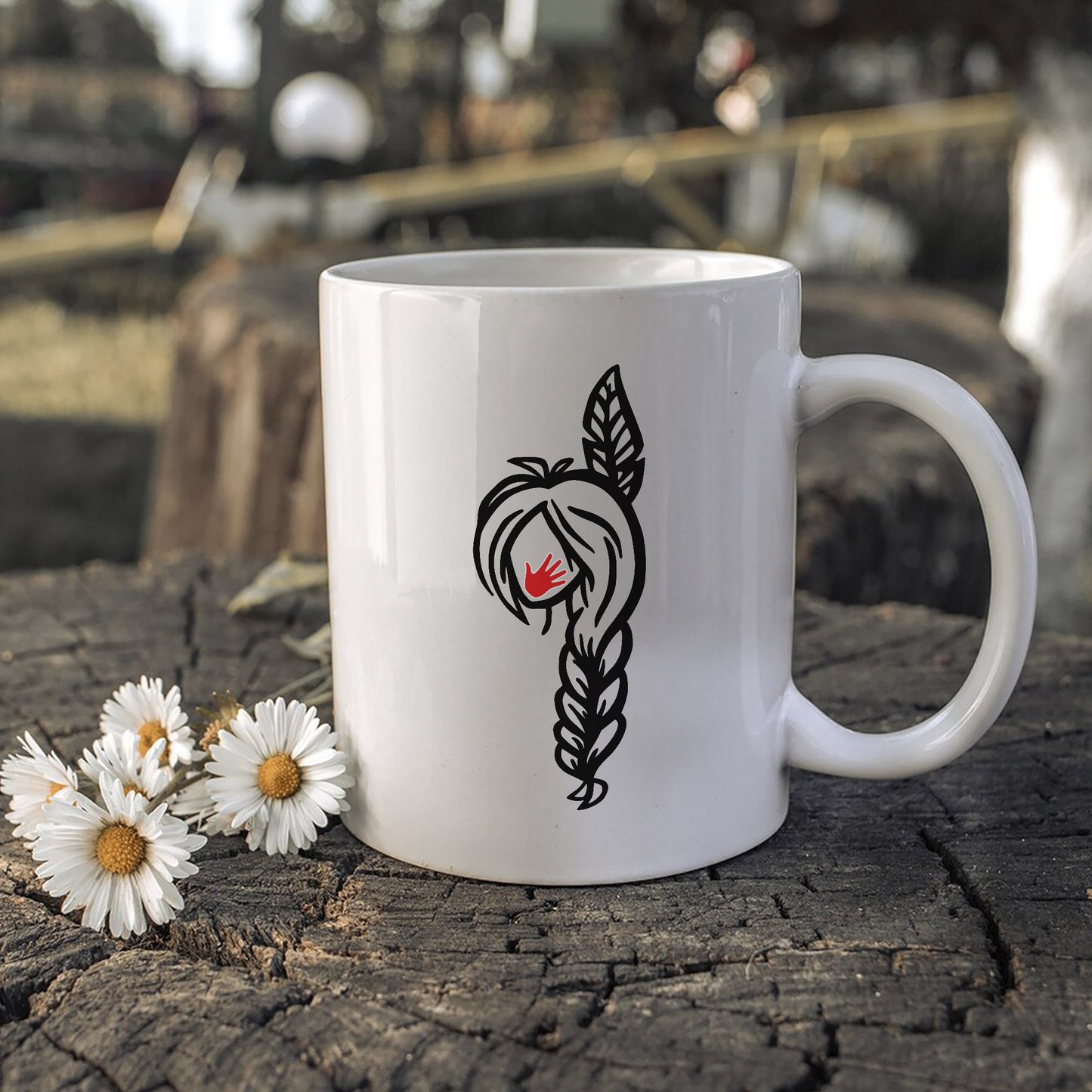 MMIW Red Hand Black Hair Indigenous Women Ceramic Mug