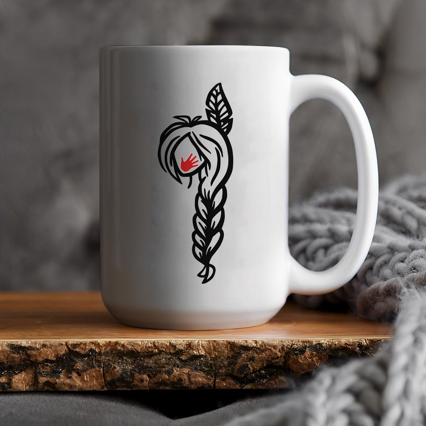 MMIW Red Hand Black Hair Indigenous Women Ceramic Mug