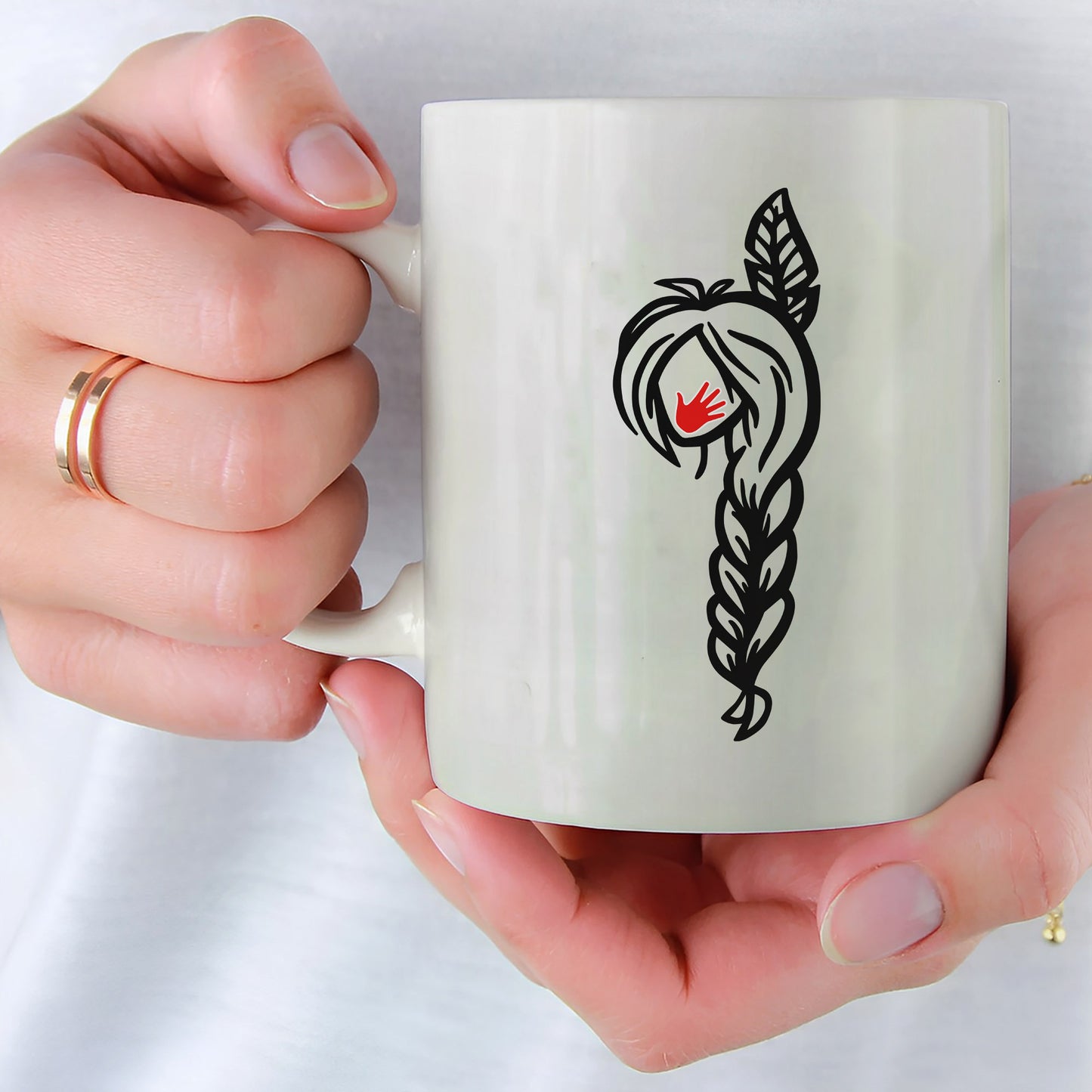 MMIW Red Hand Black Hair Indigenous Women Ceramic Mug