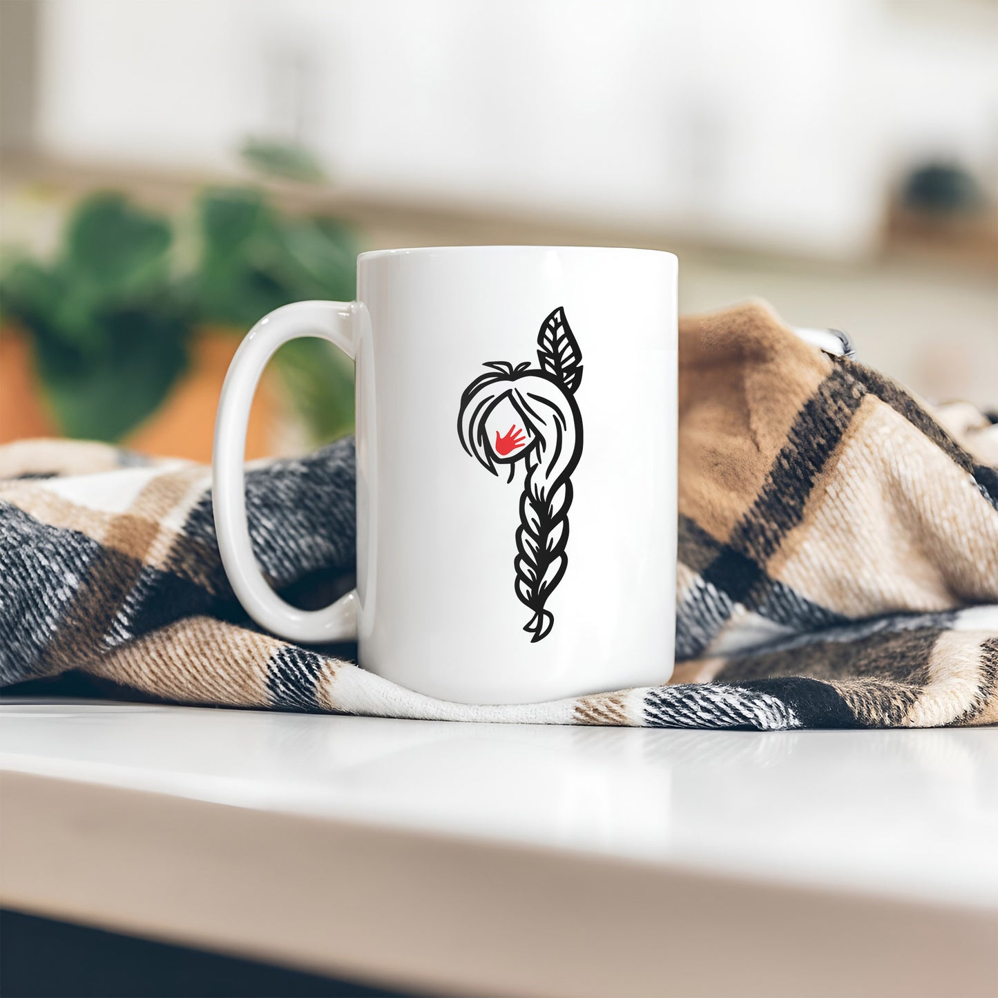 MMIW Red Hand Black Hair Indigenous Women Ceramic Mug
