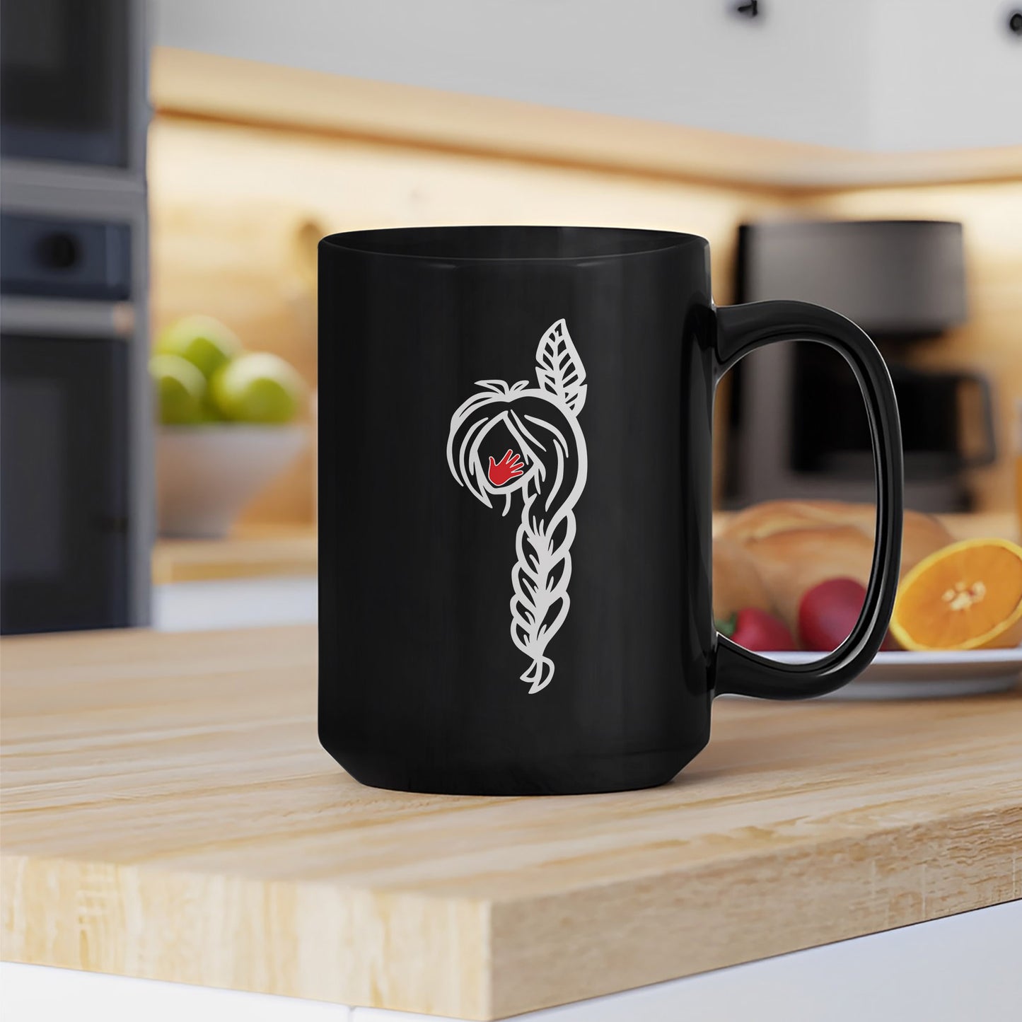 MMIW Red Hand Black Hair Indigenous Women Ceramic Mug