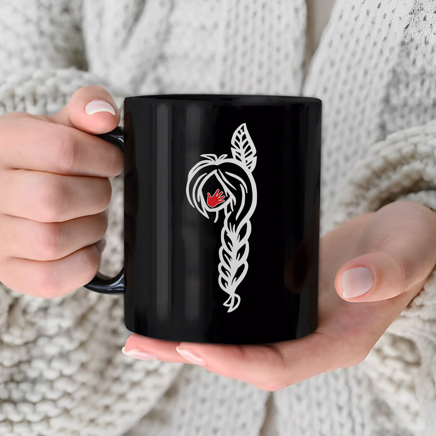 MMIW Red Hand Black Hair Indigenous Women Ceramic Mug
