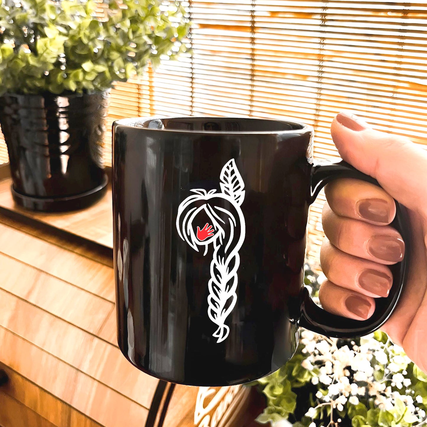 MMIW Red Hand Black Hair Indigenous Women Ceramic Mug