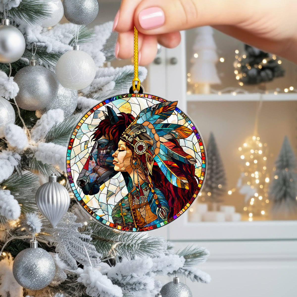 Native American Woman & Horse Stained Glass Acrylic Ornament