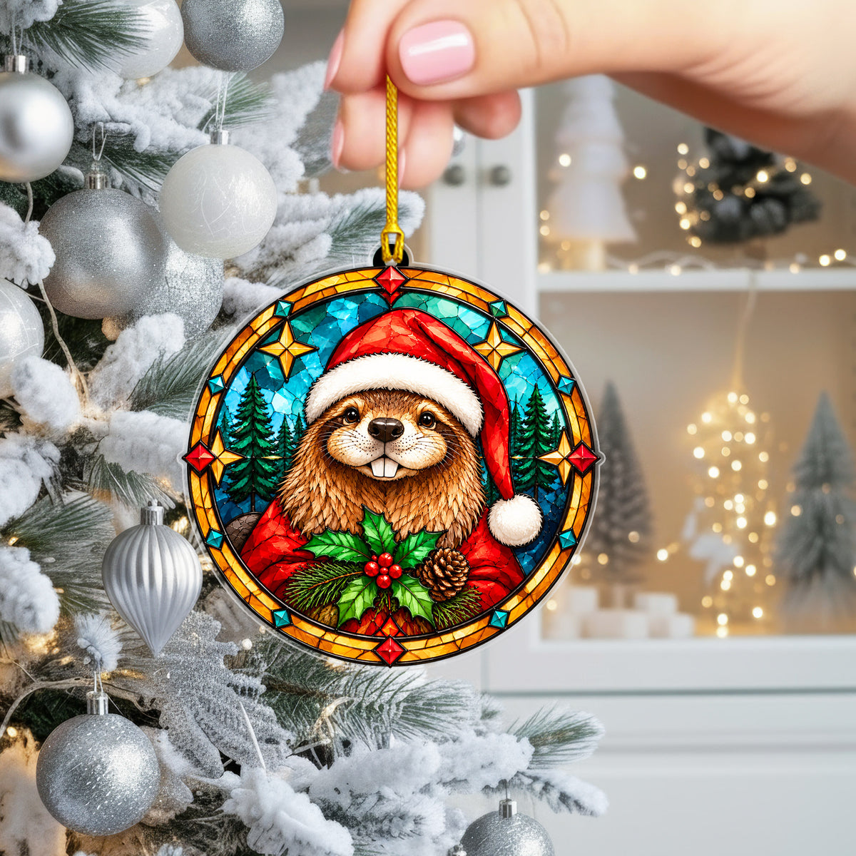 Native American Beaver Stained Glass Acrylic Christmas Ornament