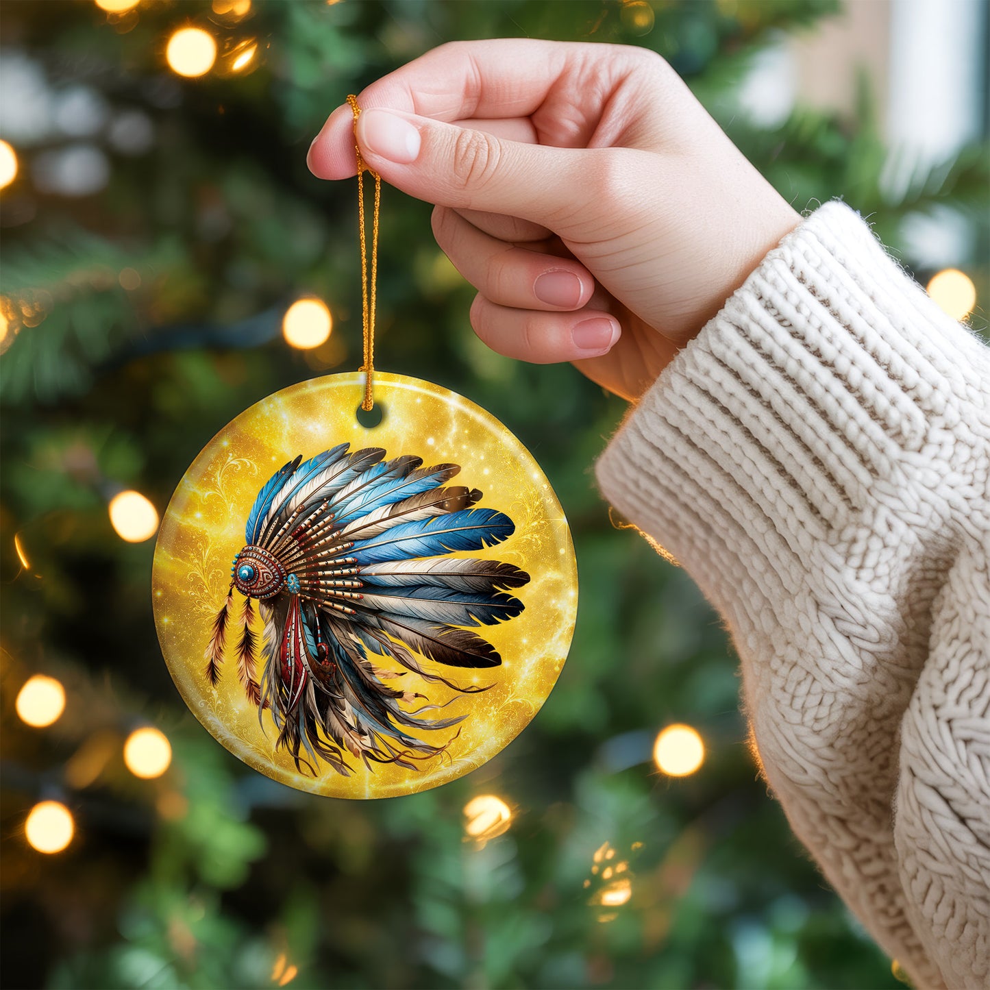 Blue Feather Headdress Ceramic Ornament Native American Heritage Christmas Tree Decoration