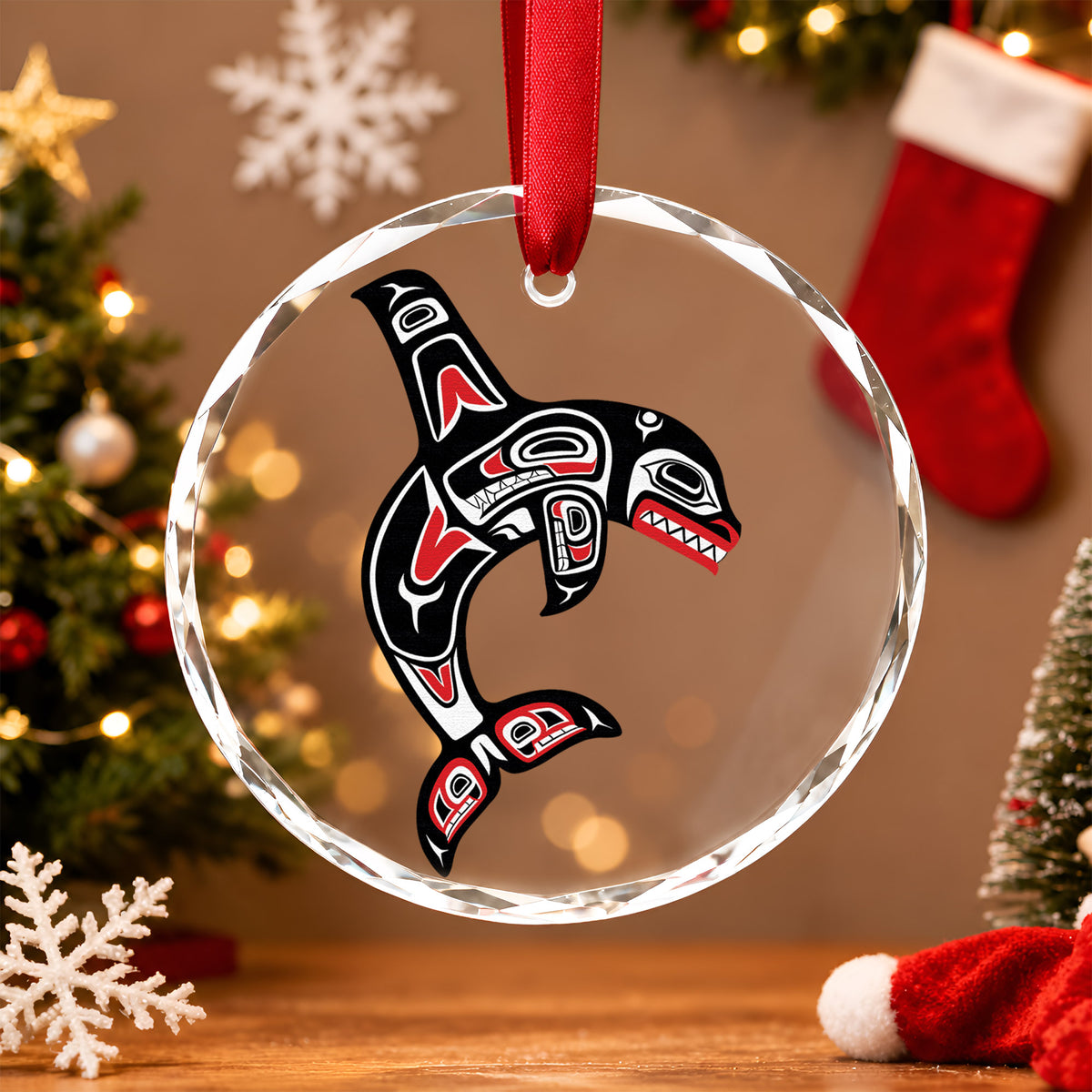 Tribal Orca Whale Art Glass Christmas Ornament