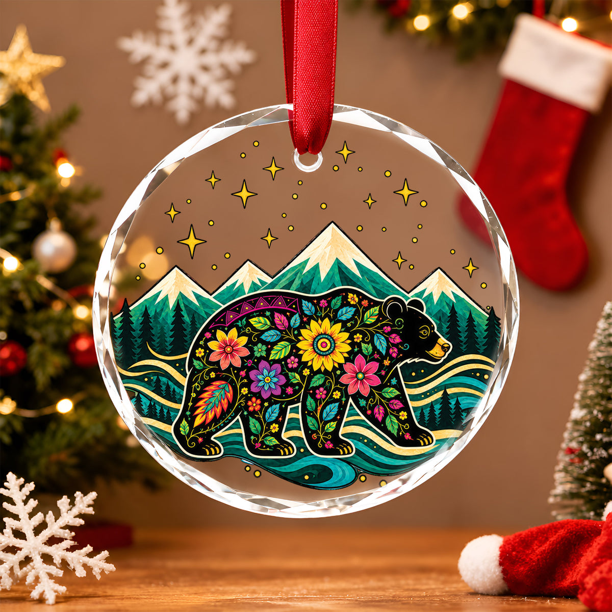Native American Sacred Bear Glass Ornament - Holiday Tree Decoration