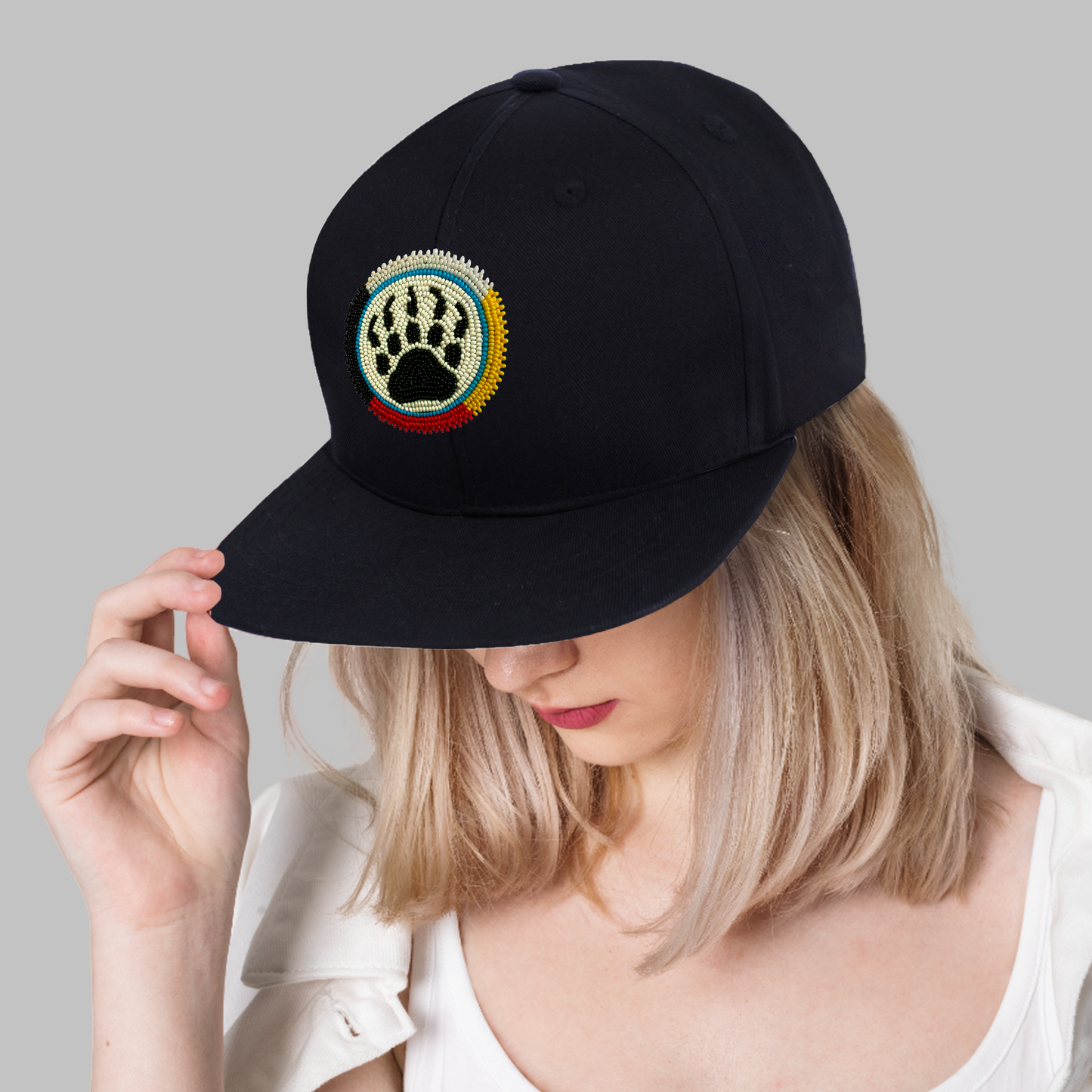 SALE 50% OFF- Bear Paw Handmade Beaded Snapback With Patch Cotton Cap Unisex Native American Style
