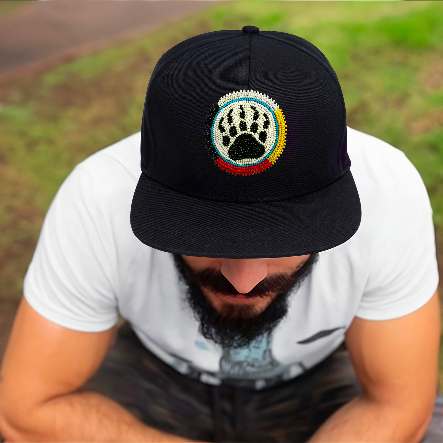 SALE 50% OFF- Bear Paw Handmade Beaded Snapback With Patch Cotton Cap Unisex Native American Style