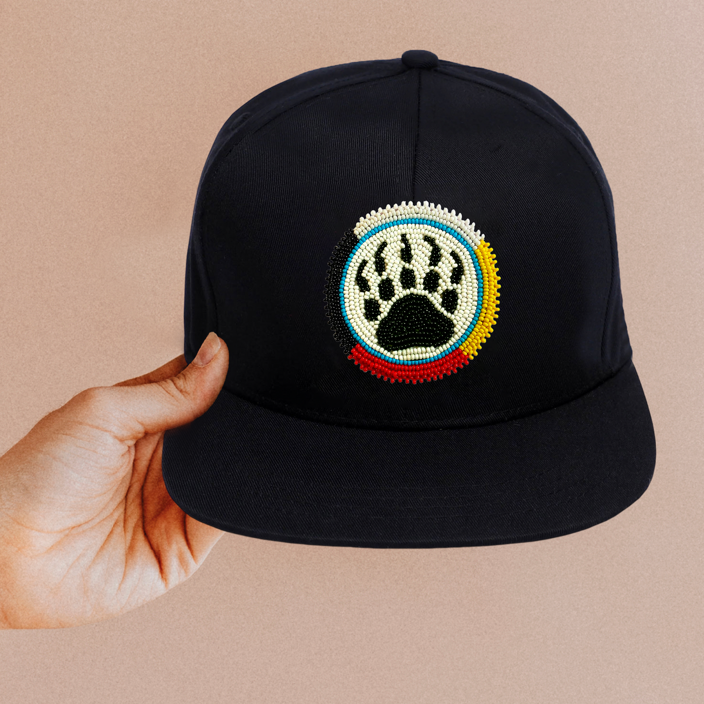 SALE 50% OFF- Bear Paw Handmade Beaded Snapback With Patch Cotton Cap Unisex Native American Style