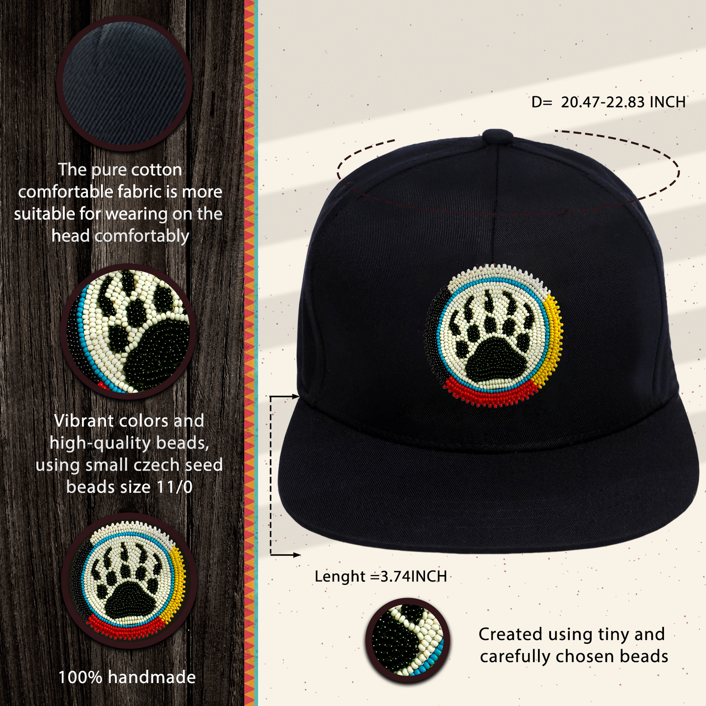 SALE 50% OFF- Bear Paw Handmade Beaded Snapback With Patch Cotton Cap Unisex Native American Style
