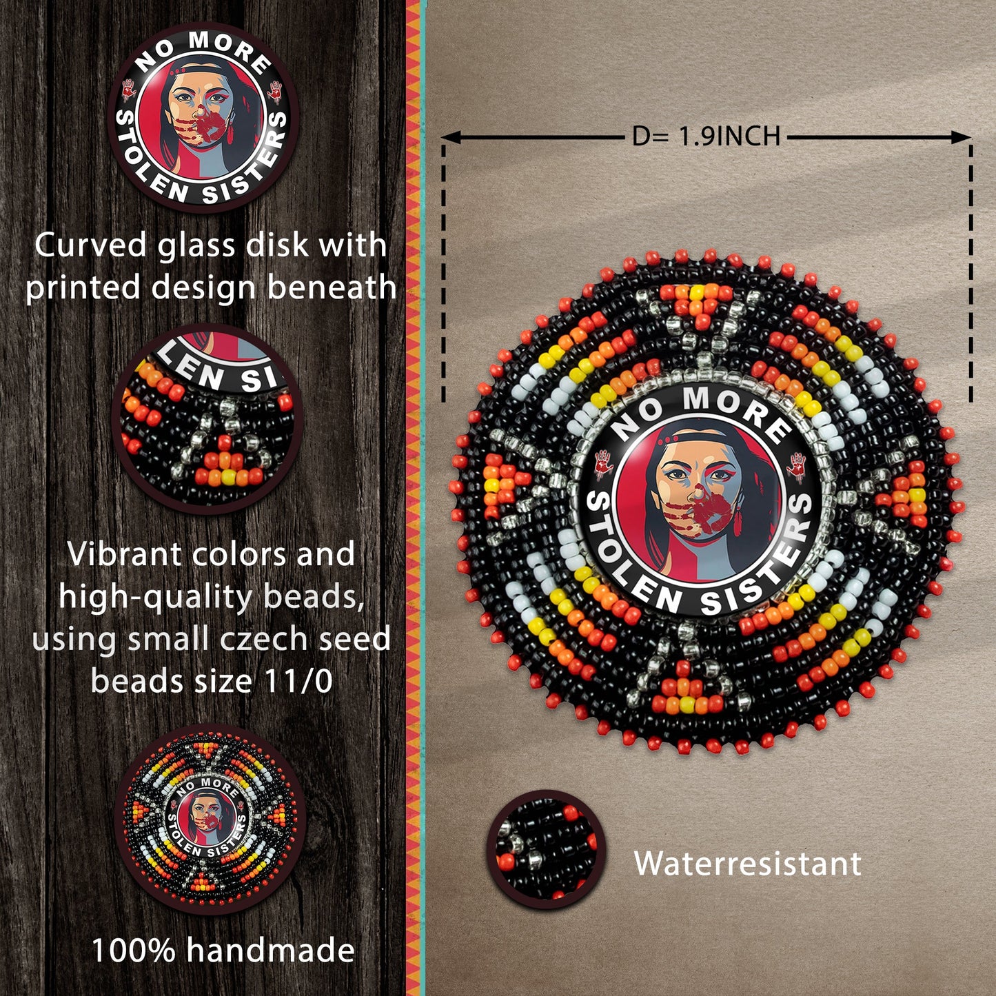 No More Stolen Sister Sunburst Handmade Glass Beaded Patch Necklace Pendant