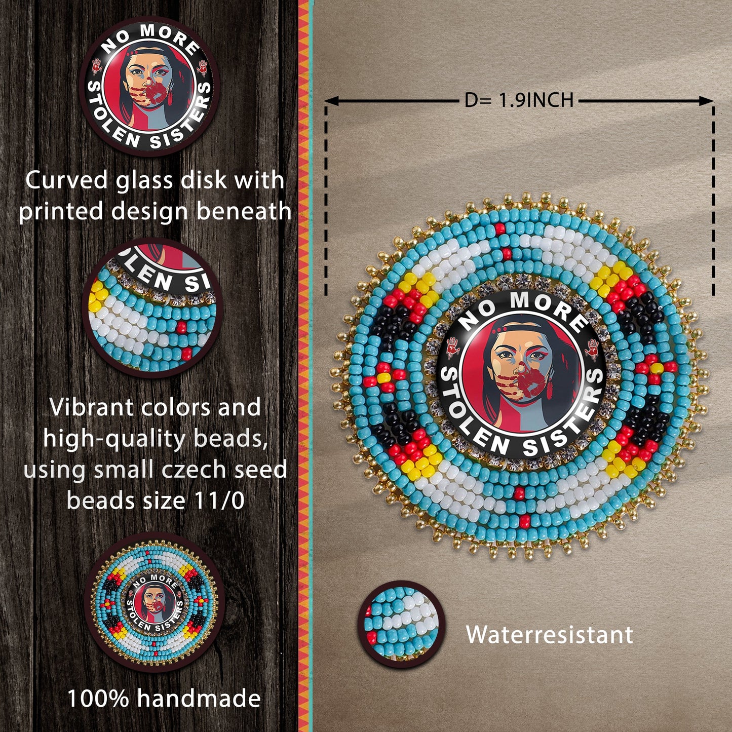 No More Stolen Sister Feathers Handmade Glass Beaded Patch Necklace Pendant