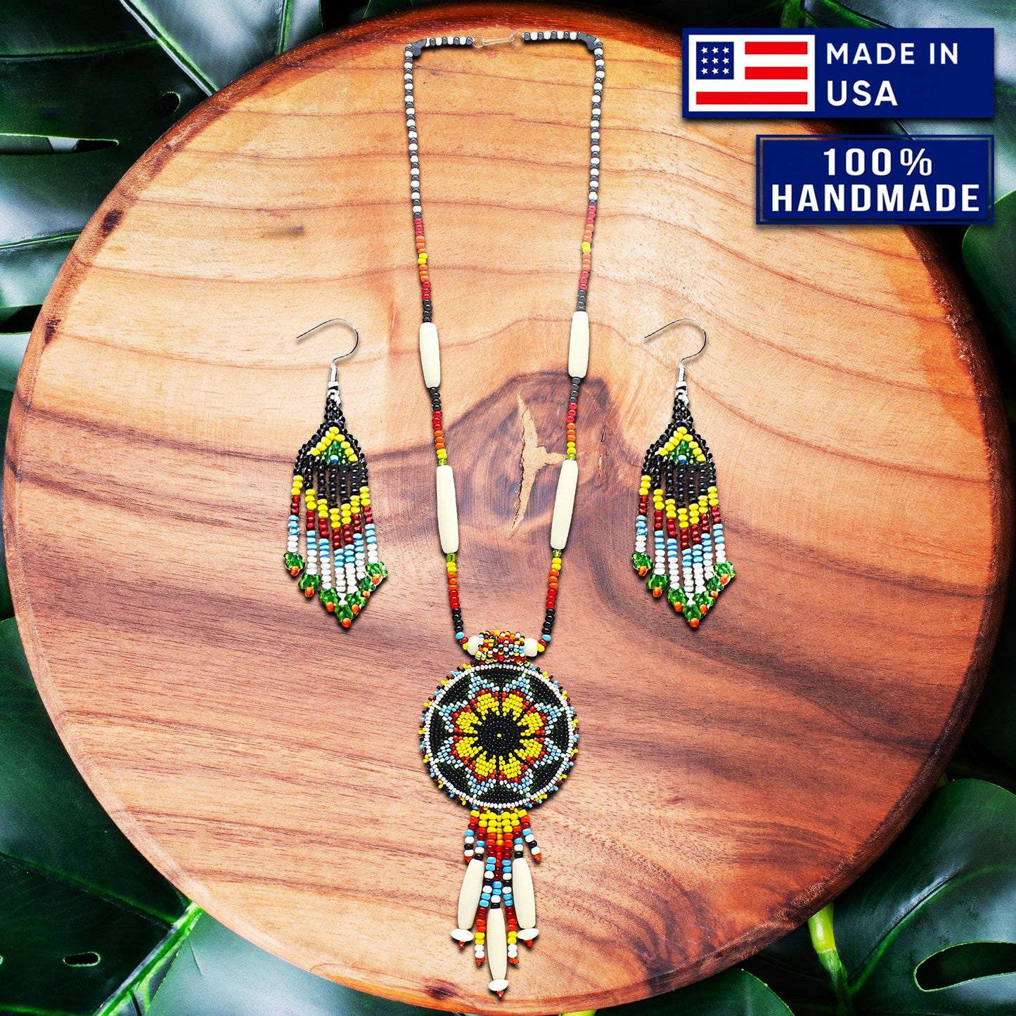 Black Yellow Seed Bead Long Star Medallion Handmade Necklace Earrings Set