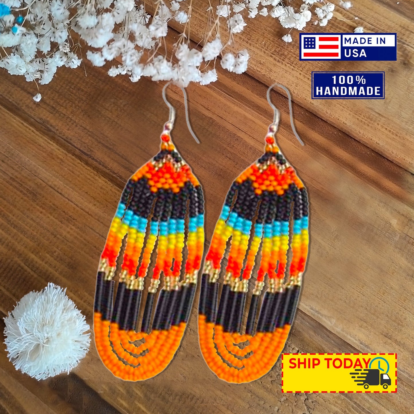 Black Fire Seed Beaded Necklace Earrings Bear Paw Beadwork