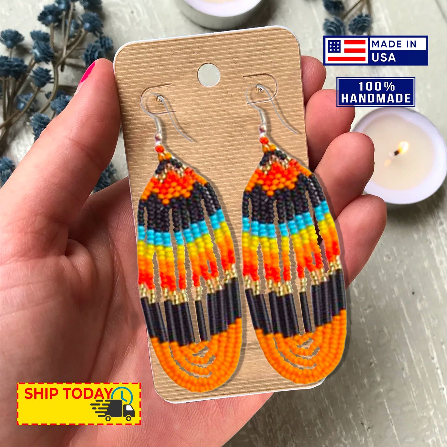 Black Fire Seed Beaded Necklace Earrings Bear Paw Beadwork