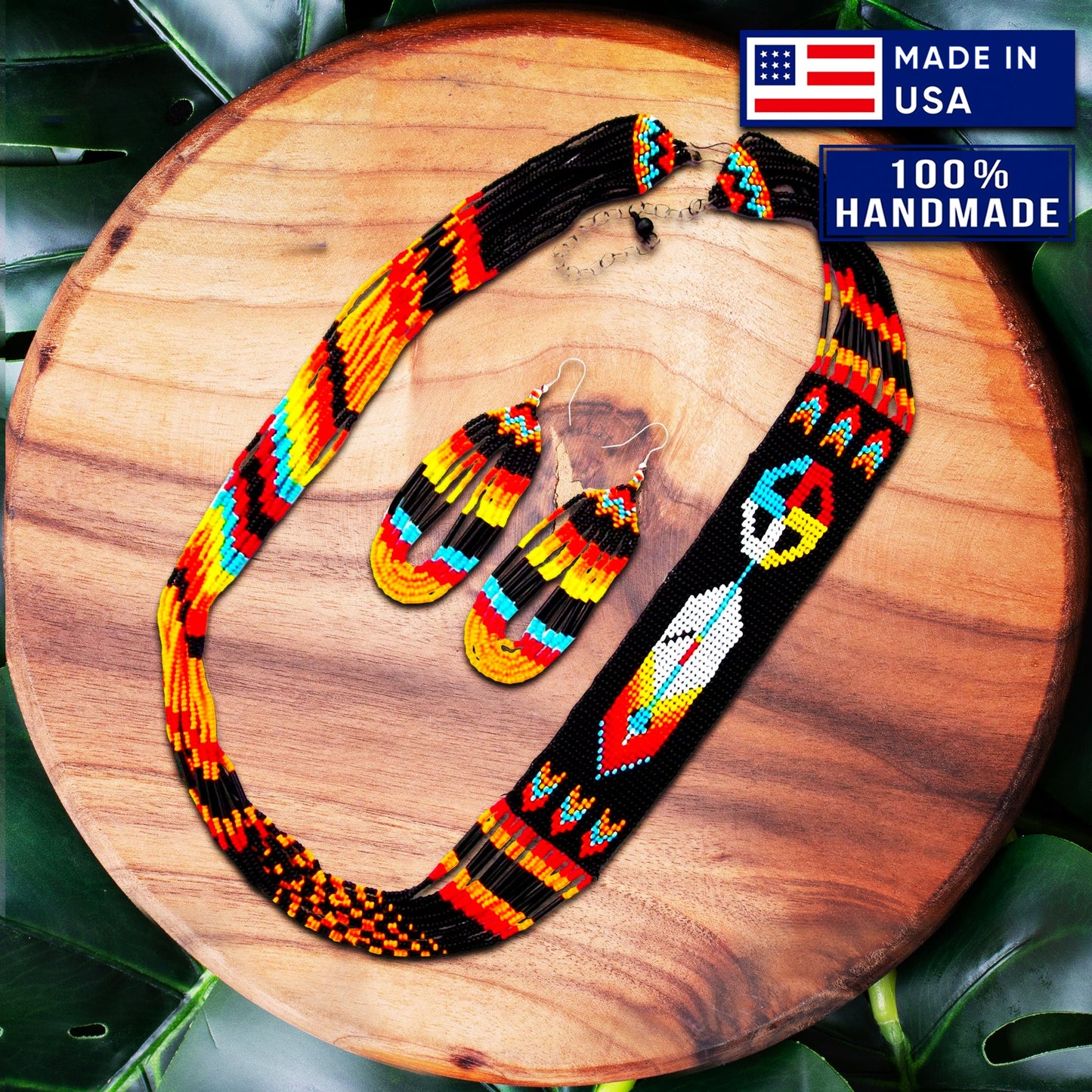 Black Fire Seed Beaded Necklace Earrings Feather Beadwork
