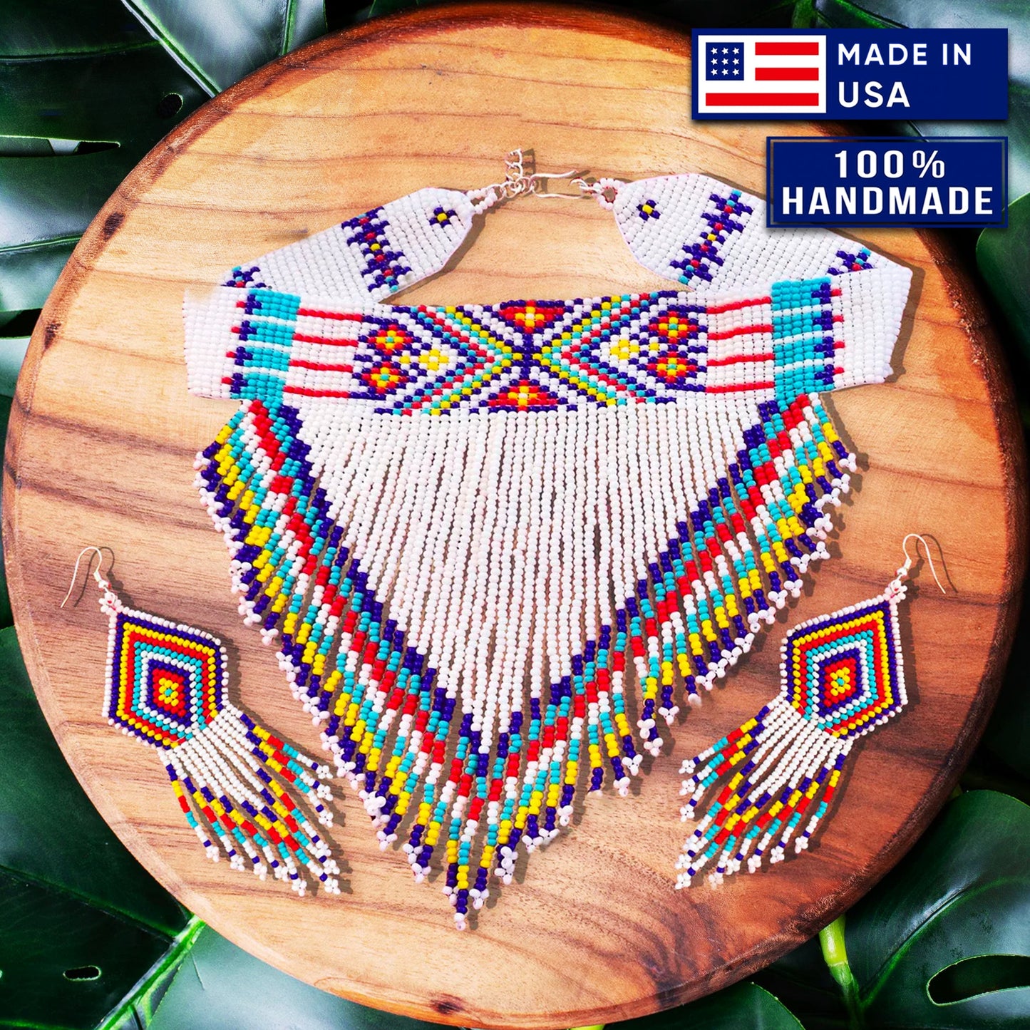 Handmade Beaded White Necklace Earrings Set