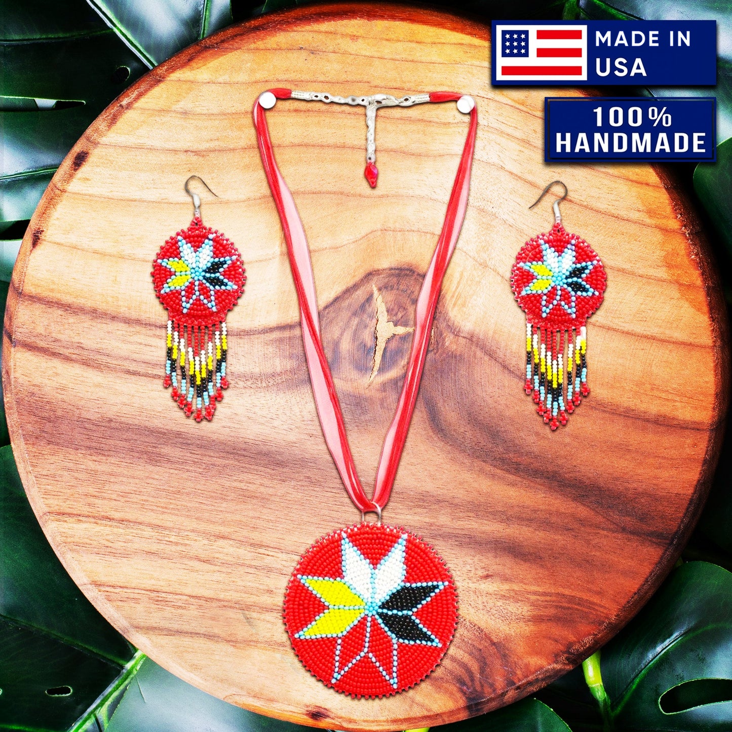 Handmade Beaded Red Medallion 4 Directions Necklace Earrings Set