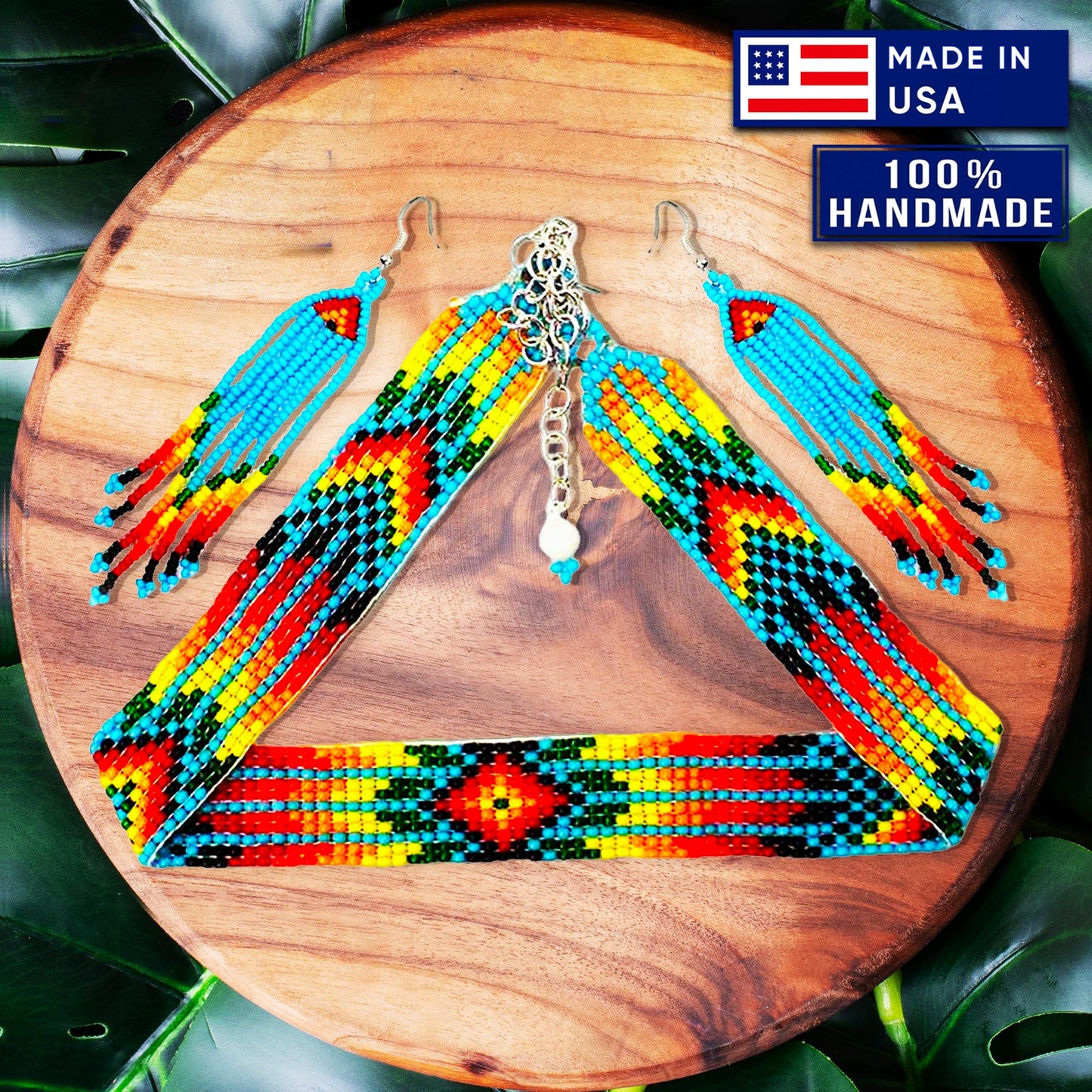 Handmade Beaded Blue Orange Yellow Choker Necklace Earring Set