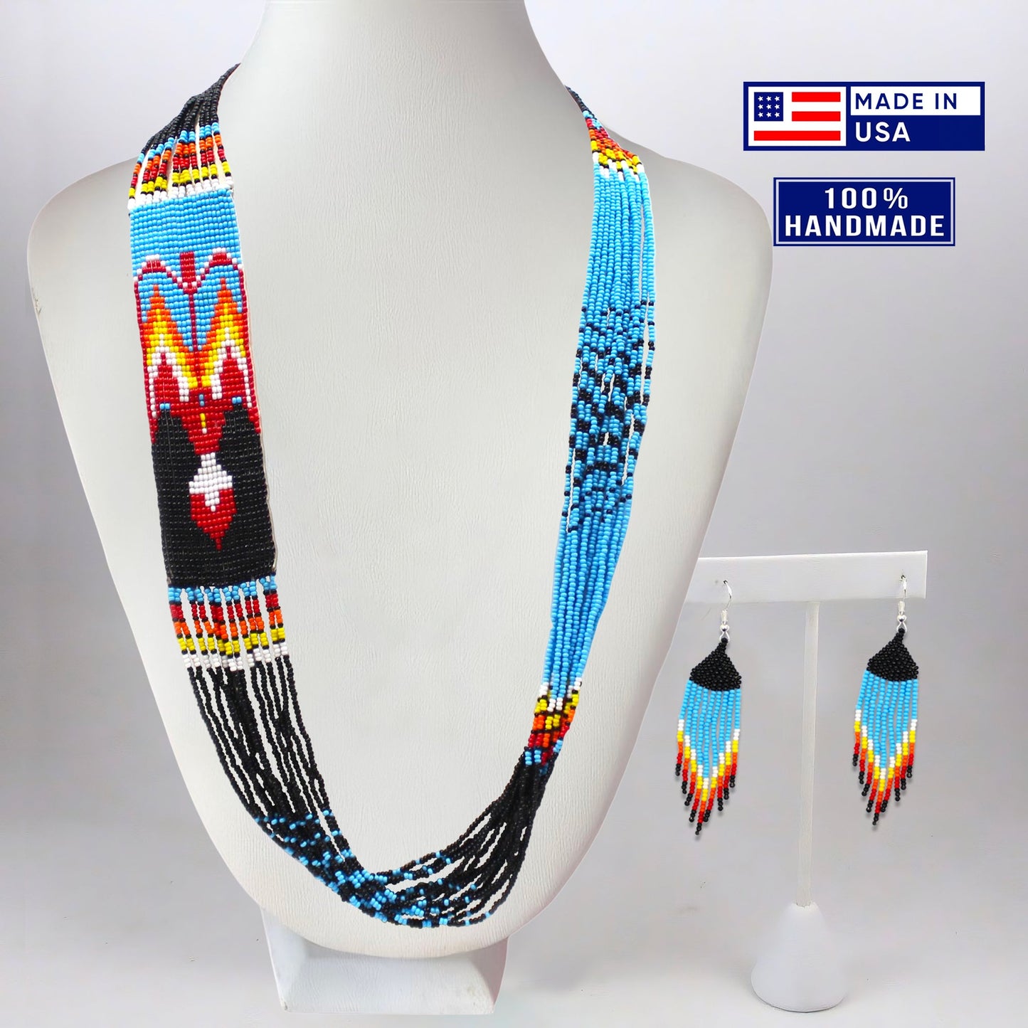 Handmade Necklace Earrings Set Layered Seed Beaded (Blue Eagle)