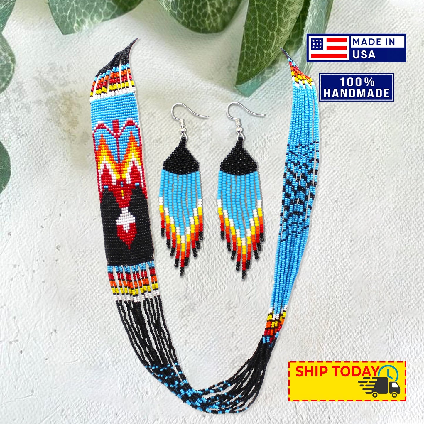 Handmade Necklace Earrings Set Layered Seed Beaded (Blue Eagle)