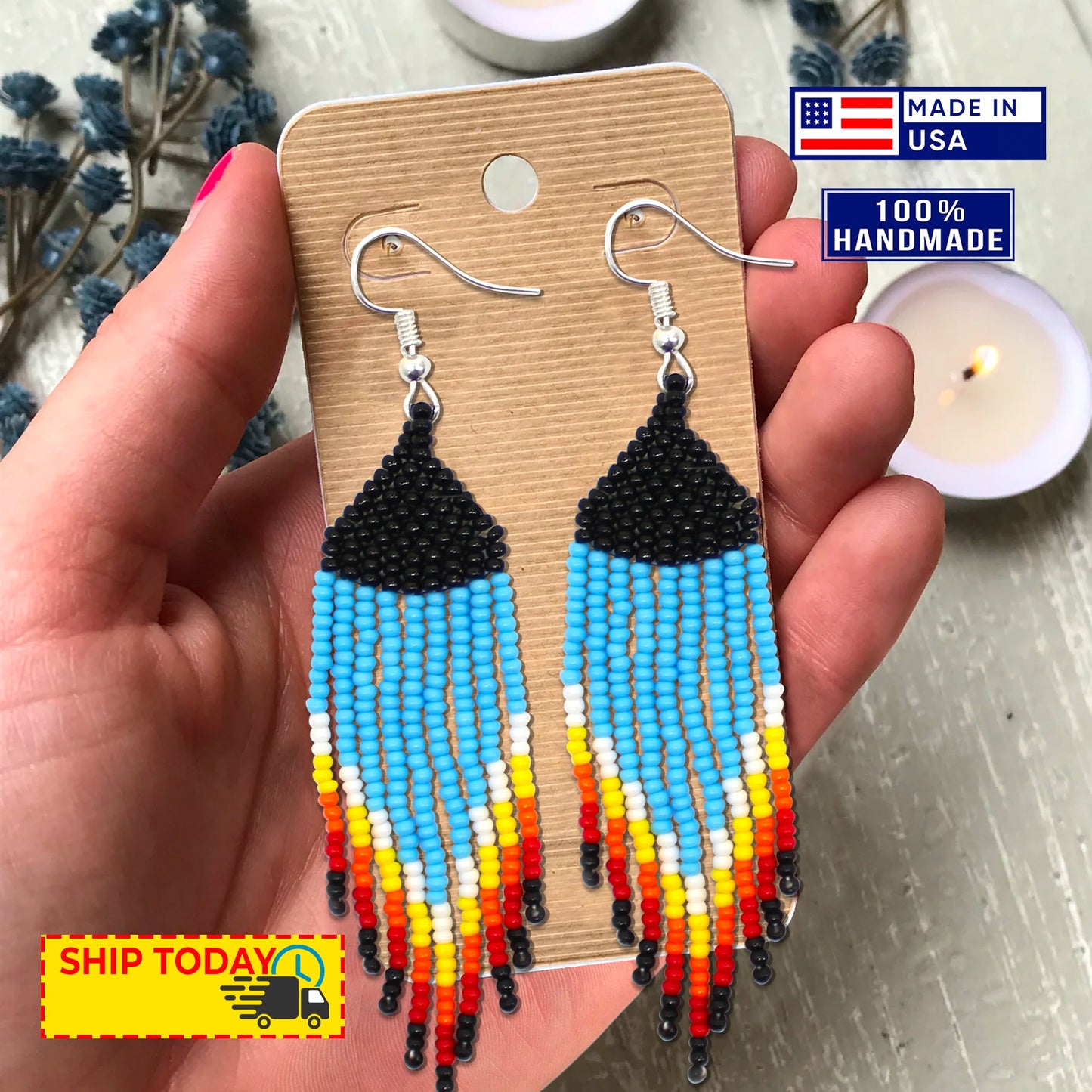 Handmade Necklace Earrings Set Layered Seed Beaded (Blue Eagle)