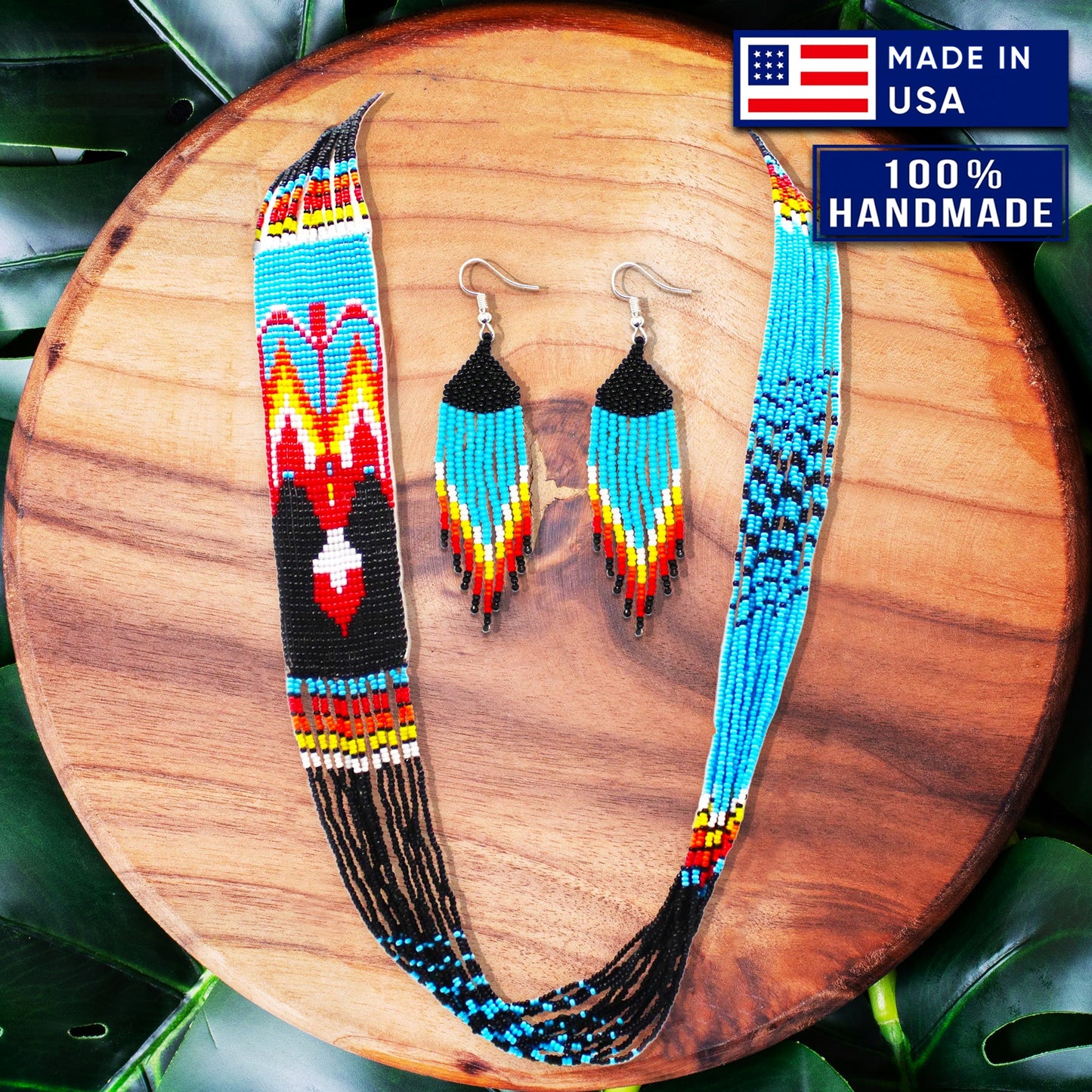 Handmade Necklace Earrings Set Layered Seed Beaded (Blue Eagle)