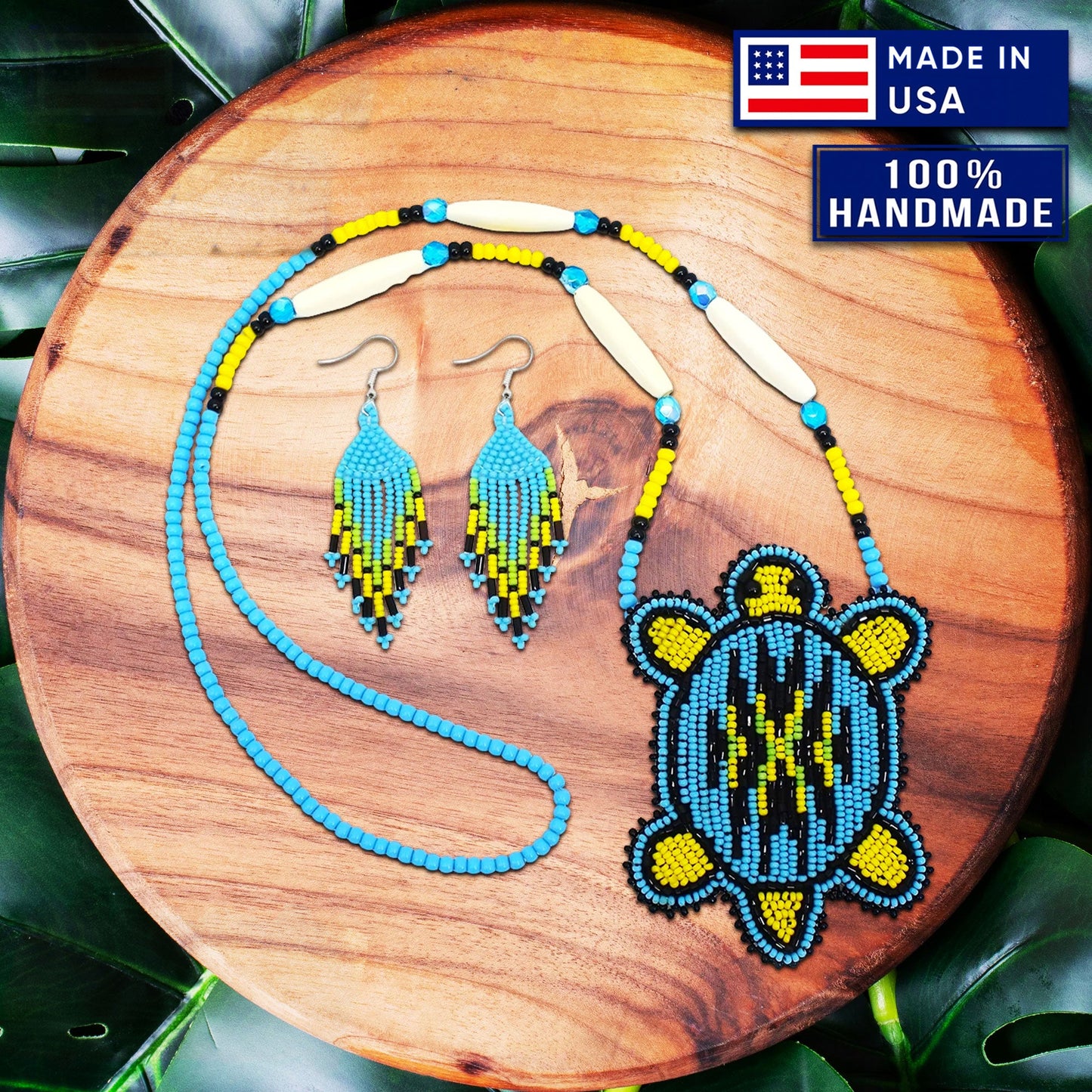 New Handmade Black Blue Turtle Long Necklace Earring Set