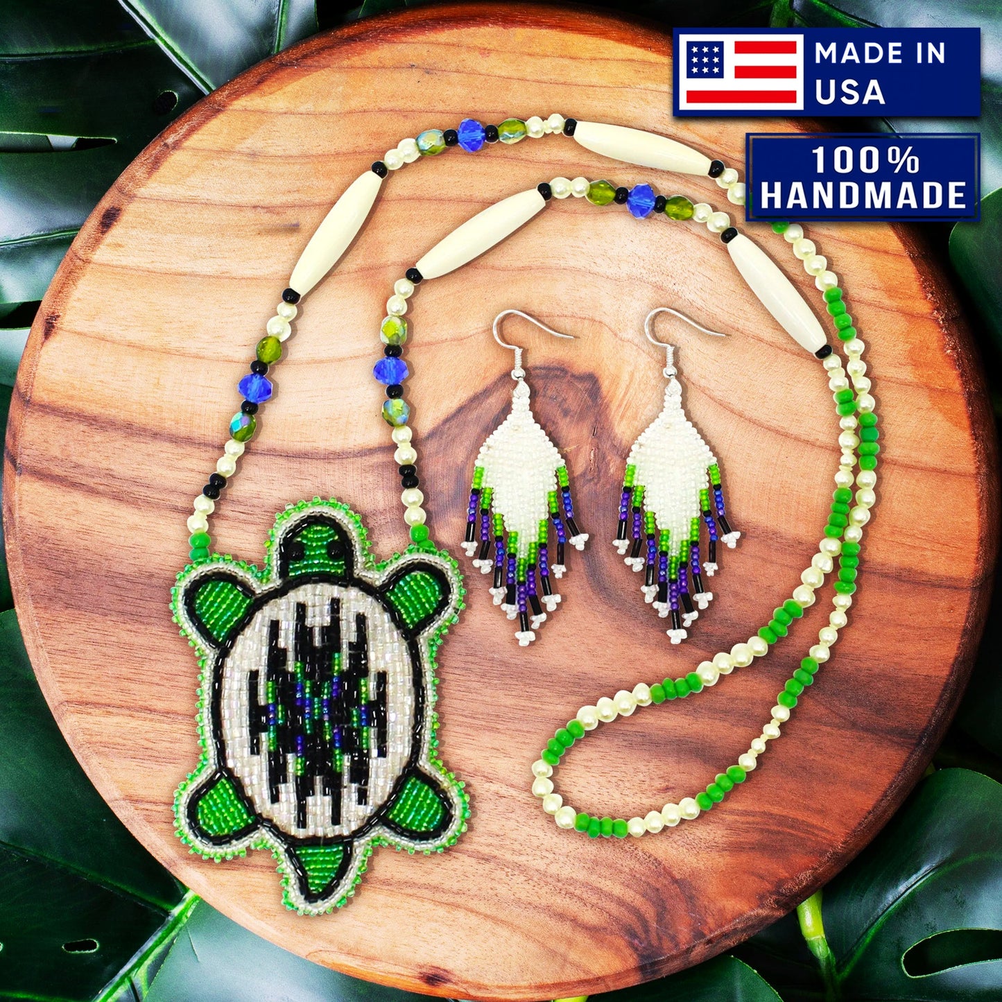 New Handmade Blue Green White Turtle Long Necklace Earring Set