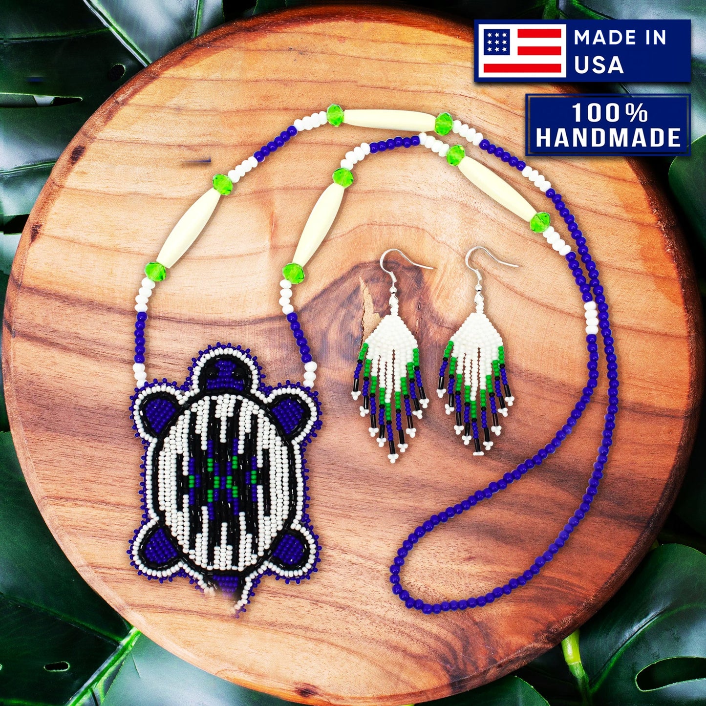 Handmade Beaded Turtle Shape Deep Blue Necklace Earrings Set