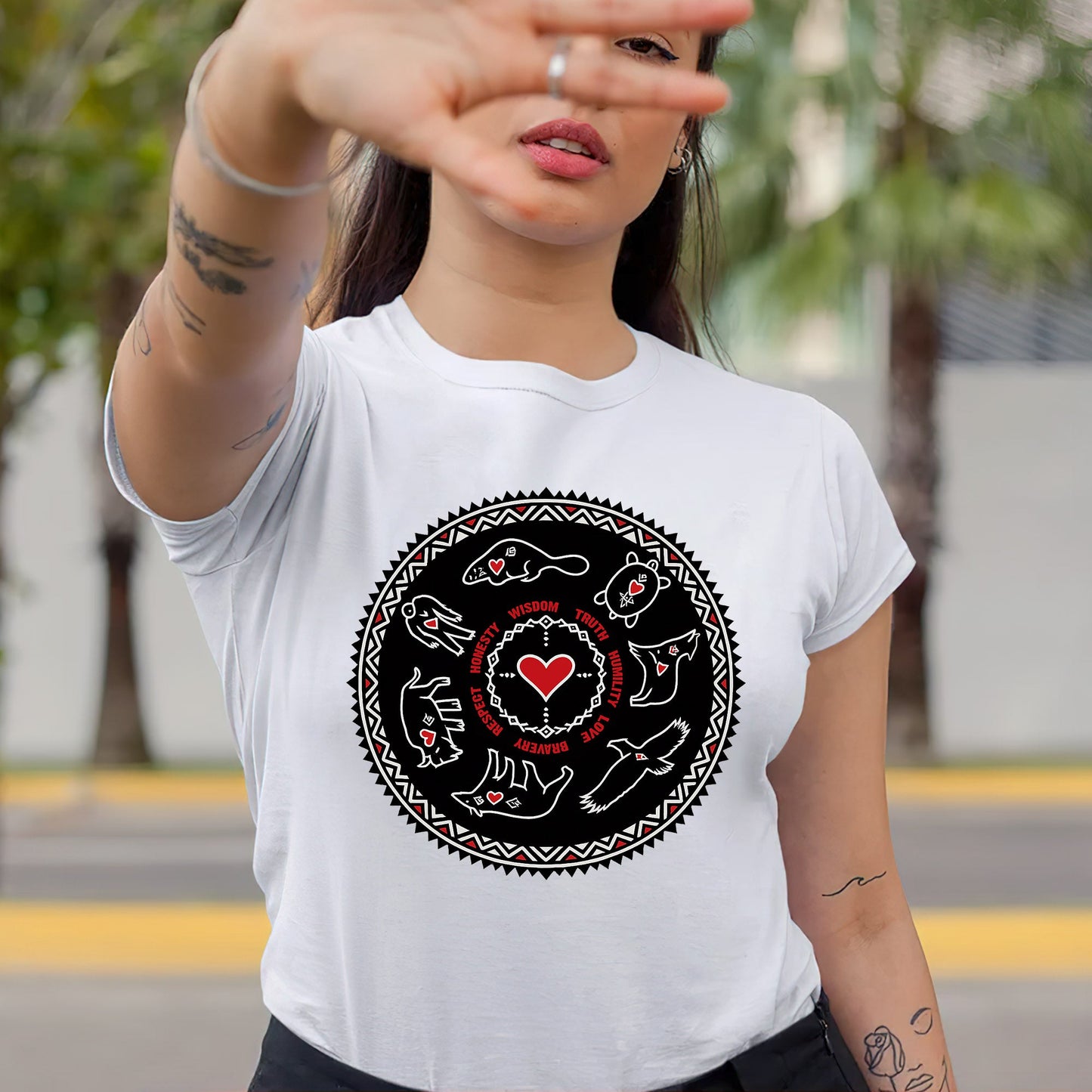 Seven Teachings Circle - Heart & Animal Symbols Unisex T-shirt/T-shirt V-neck/Hoodie/Sweatshirt