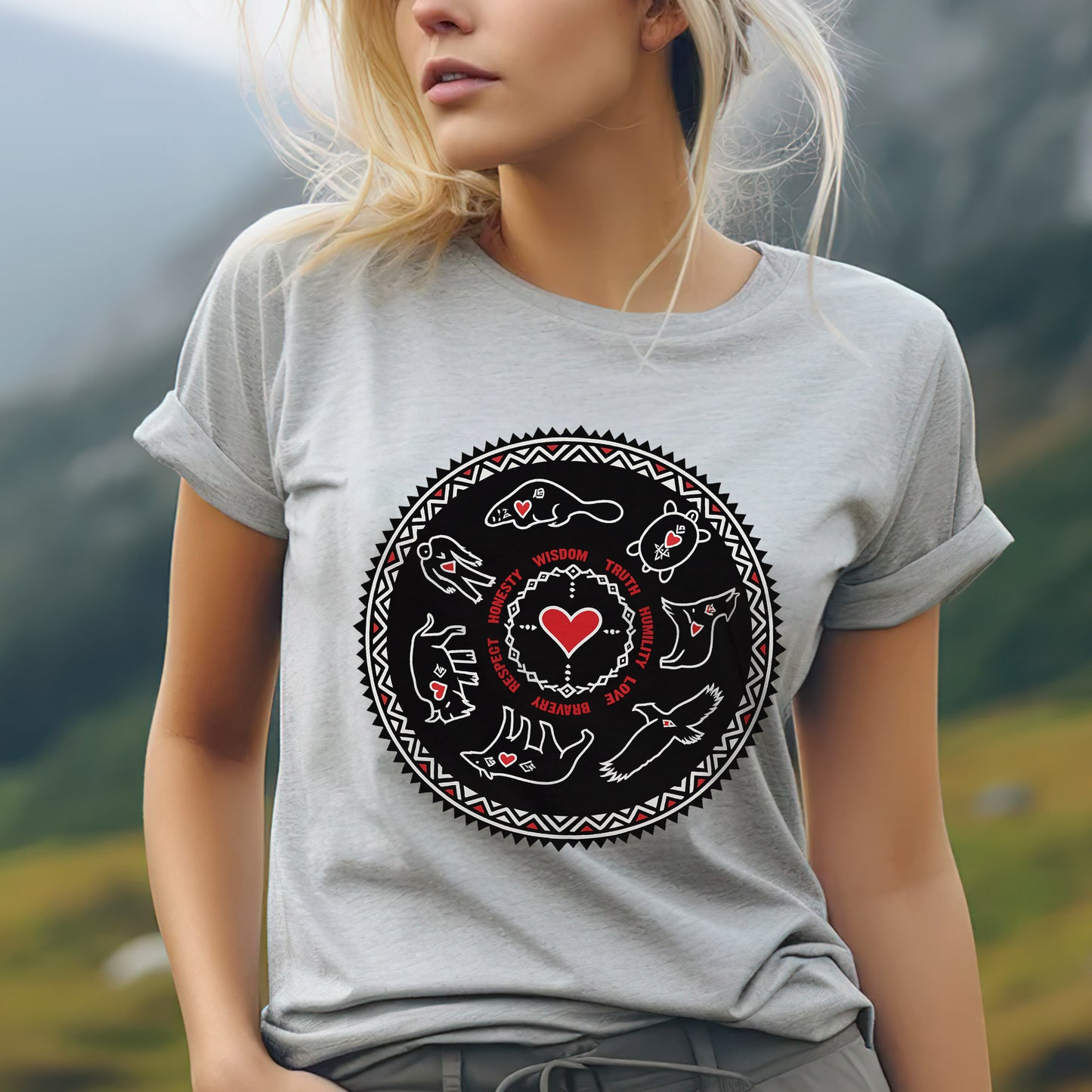 Seven Teachings Circle - Heart & Animal Symbols Unisex T-Shirt/T-Shirt V-Neck/Hoodie/Sweatshirt