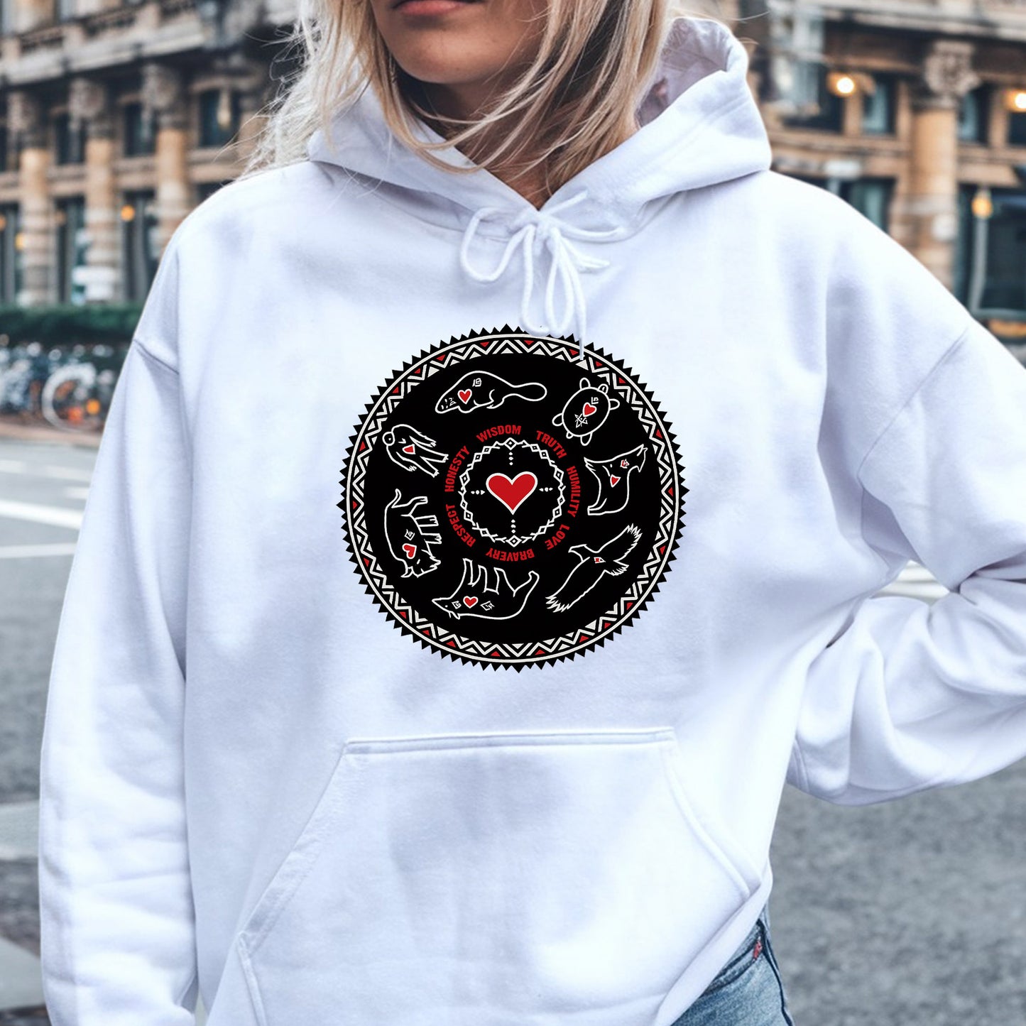Seven Teachings Circle - Heart & Animal Symbols Unisex T-Shirt/T-Shirt V-Neck/Hoodie/Sweatshirt